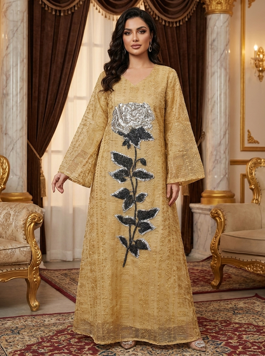 Woman wearing a gold dress with floral embroidery in an elegant room.