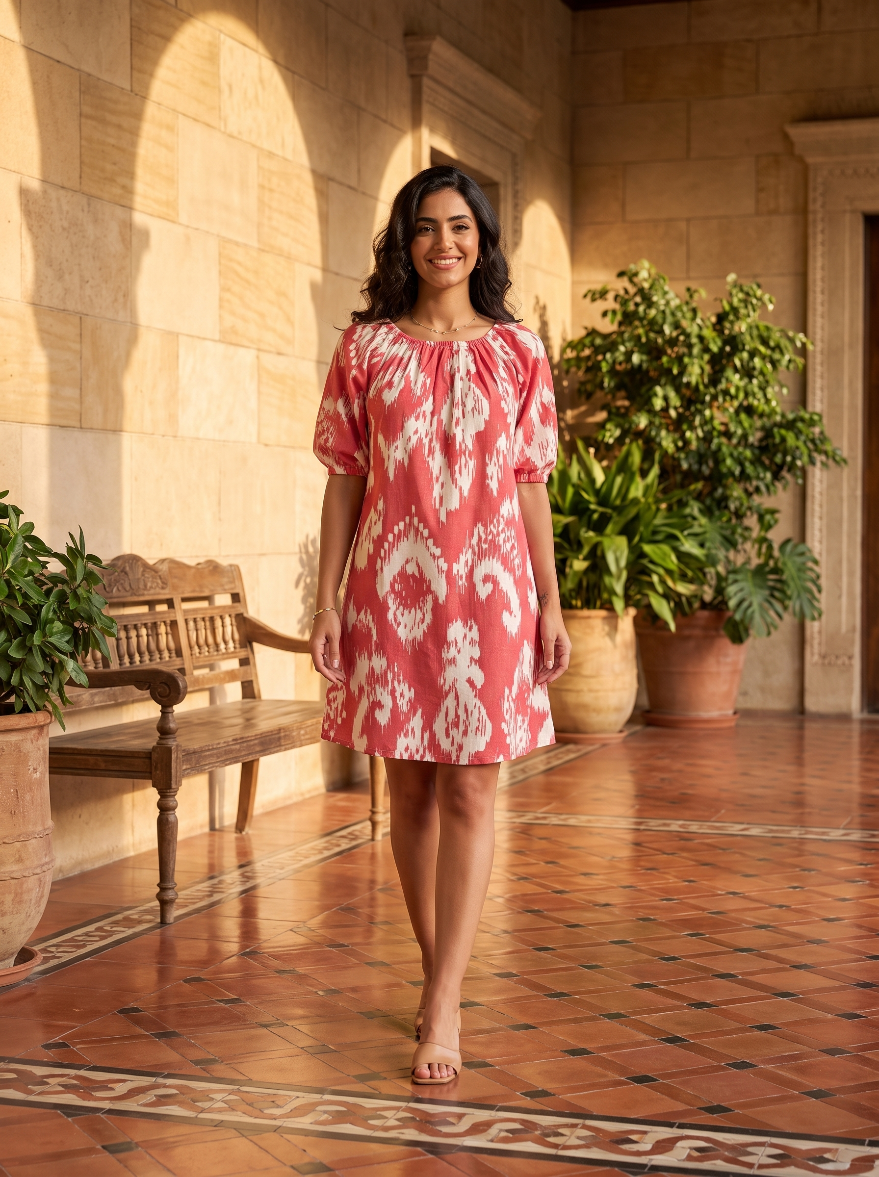 Woman in a red and white patterned dress standing in a sunlit indoor courtyard with plants and a bench.