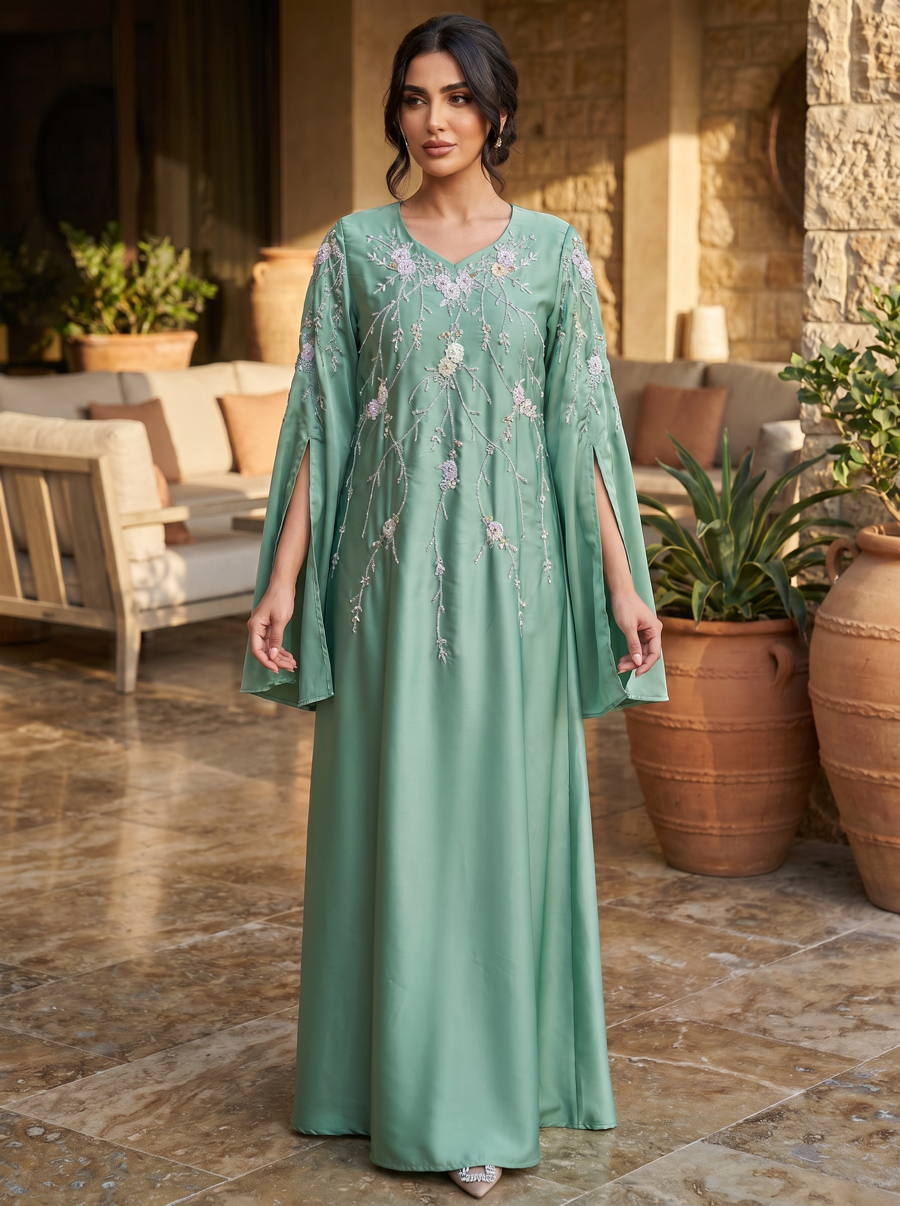 Woman in a green embroidered dress standing in an outdoor setting with stone walls and potted plants.