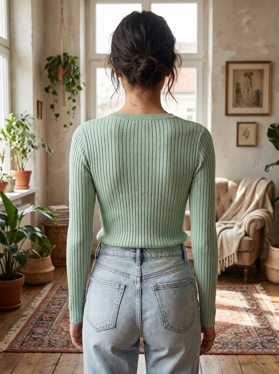 V-Neck Ribbed Knit Long Sleeve Sweater - Slim Fit