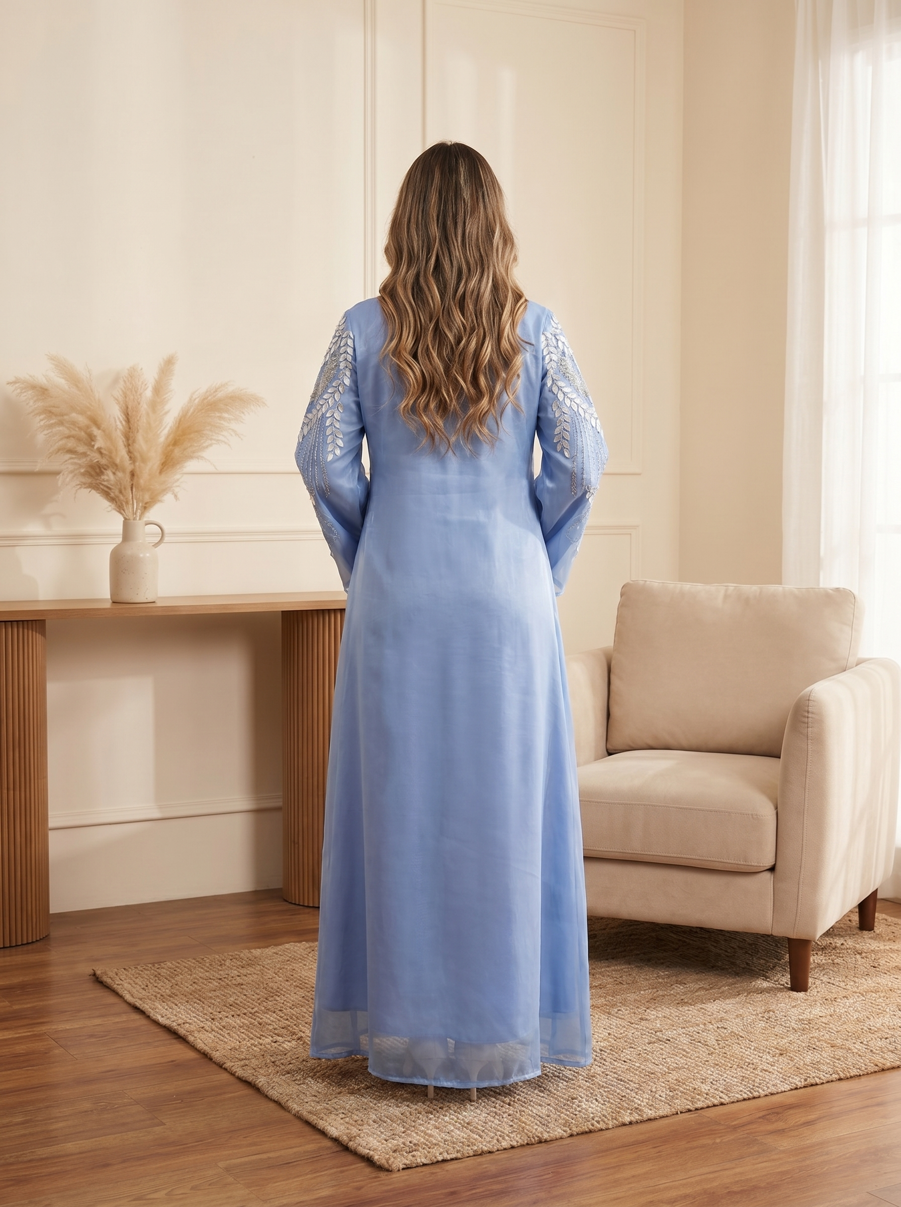 Embellished Elegant Dress with Silver Beaded Leaf Embroidery & Bell Sleeves | Modest Maxi Dress
