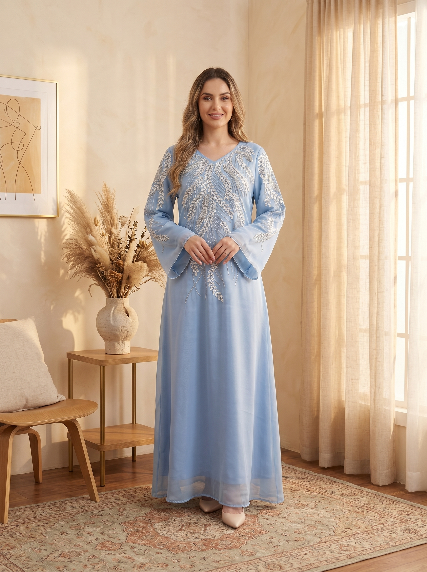Embellished Elegant Dress with Silver Beaded Leaf Embroidery & Bell Sleeves | Modest Maxi Dress