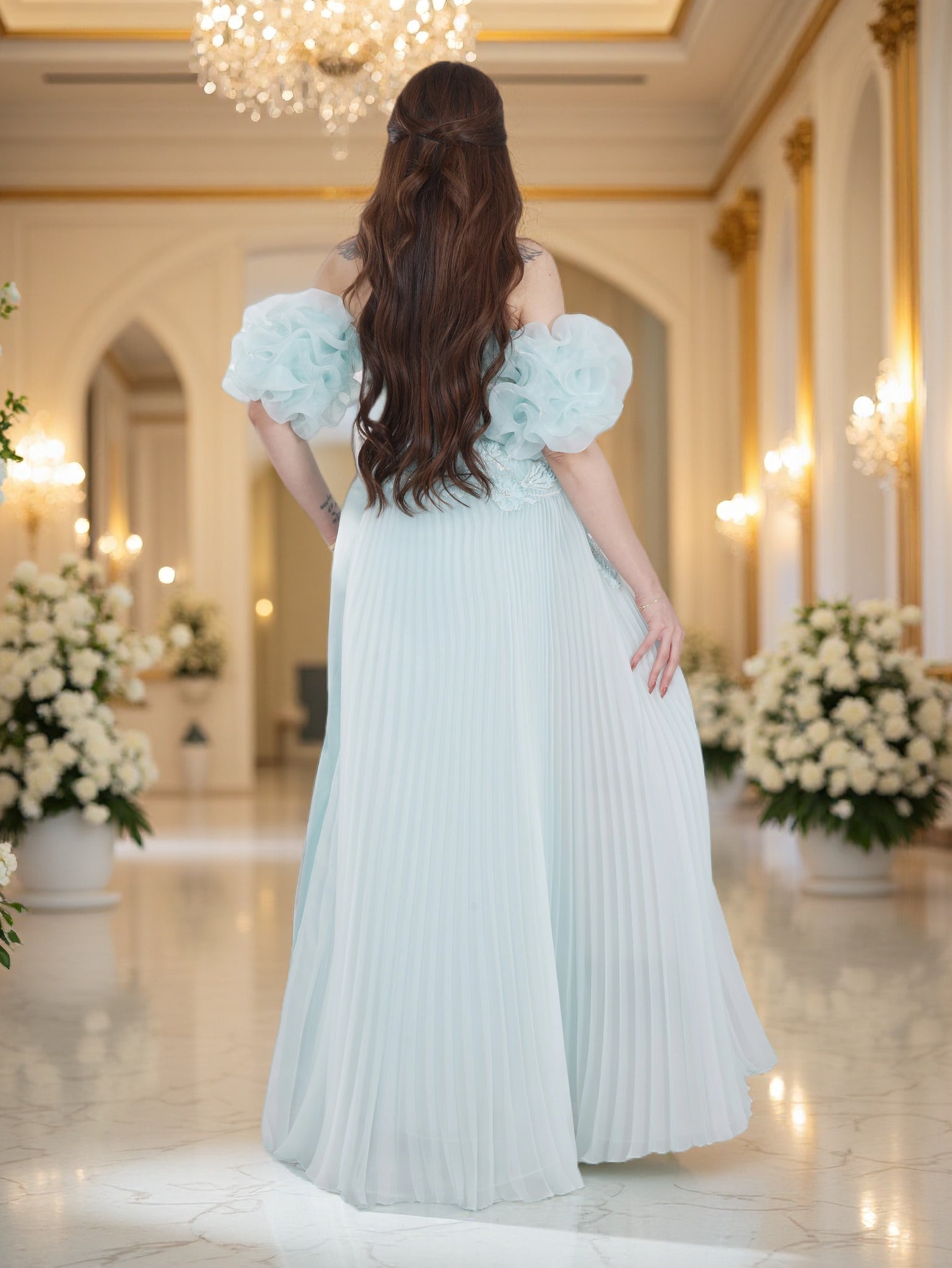 Luxury Mint Blue Off-Shoulder Evening Gown with Embroidered Bodice & Pleated Panel – Elegant Occasion Wear