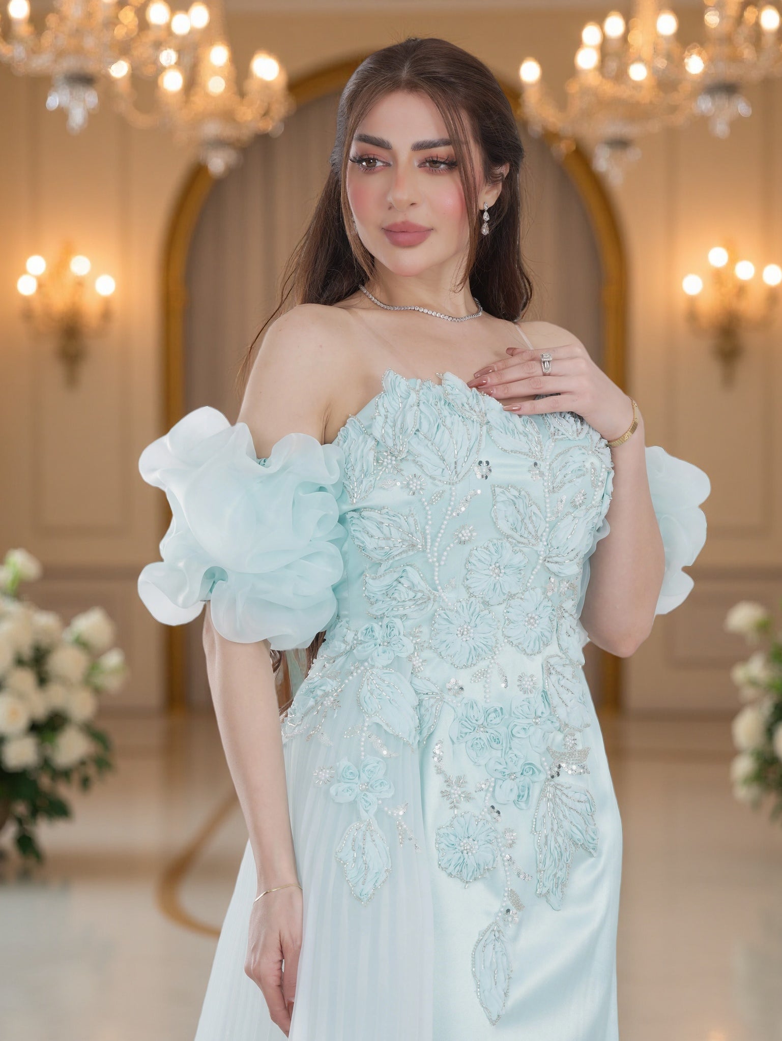 Luxury Mint Blue Off-Shoulder Evening Gown with Embroidered Bodice & P FineLook Luxury Mint Blue Off-Shoulder Evening Gown with Embroidered Bodice & P FineLook