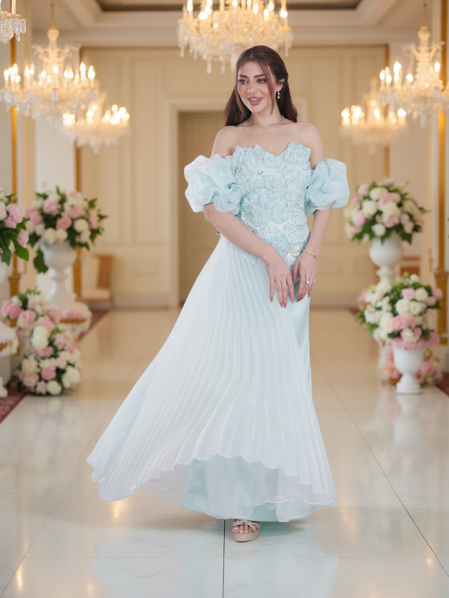 Luxury Mint Blue Off-Shoulder Evening Gown with Embroidered Bodice & Pleated Panel – Elegant Occasion Wear