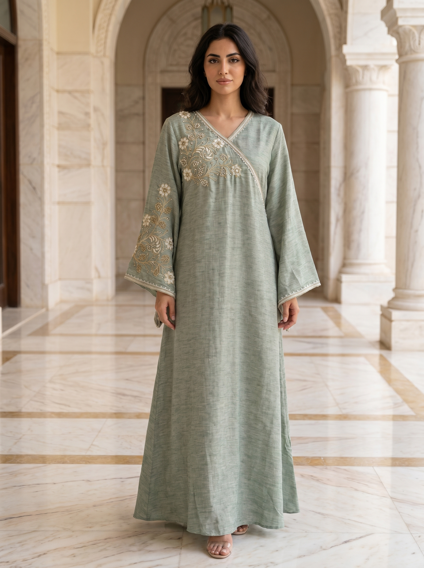 Woman wearing a long, light green dress with floral embroidery in an elegant indoor setting.