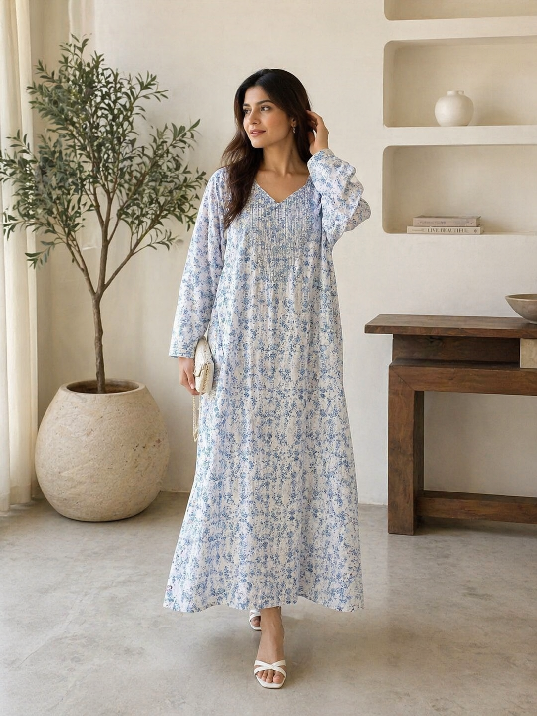 Floral V-Neck Maxi Kaftan Dress - Floral Print