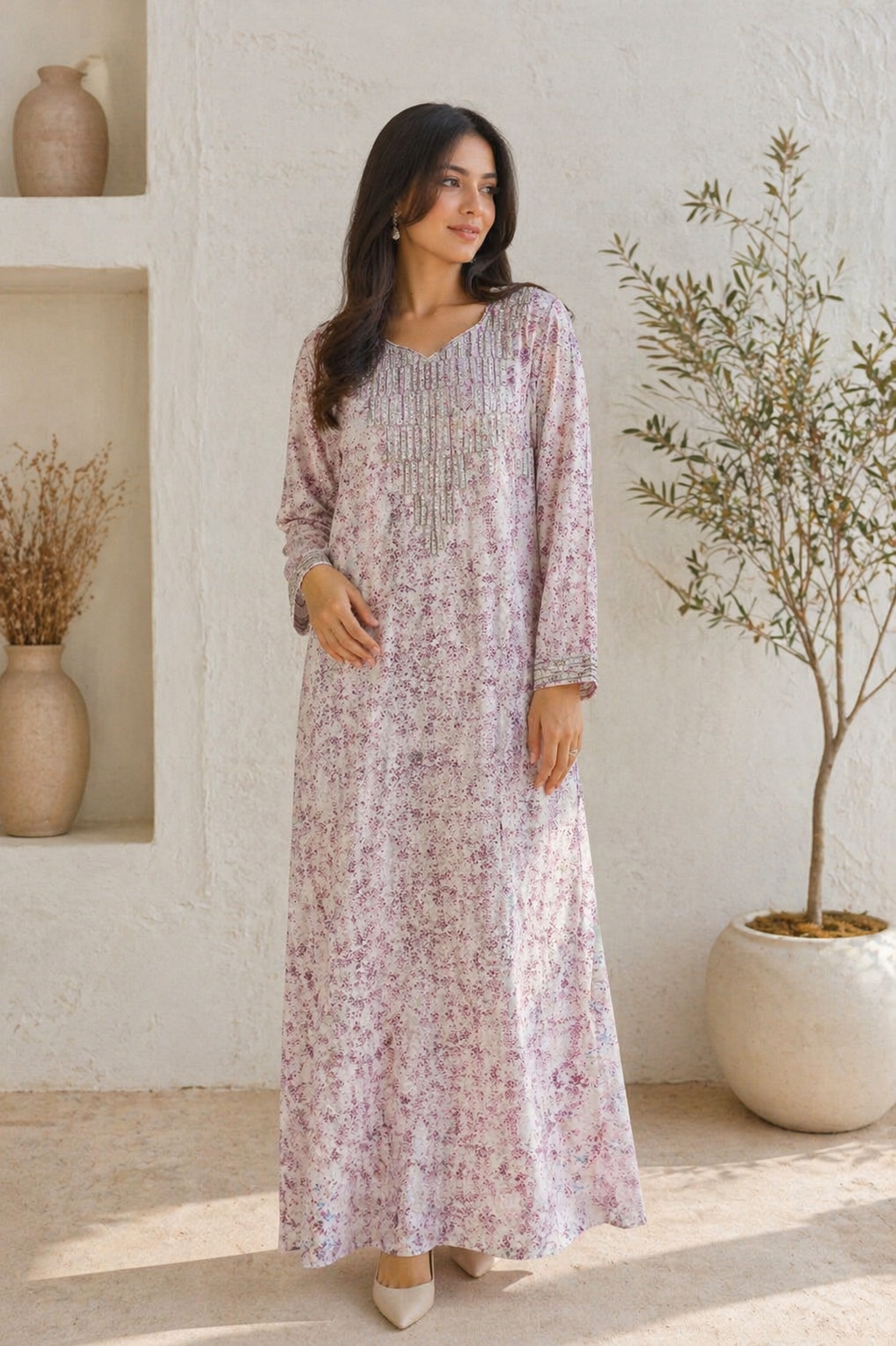 Floral V-Neck Maxi Kaftan Dress - Floral Print