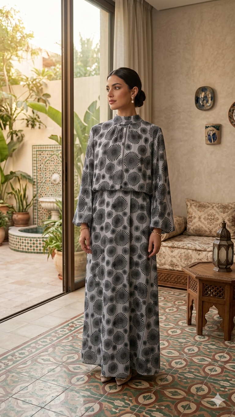 Monochrome Geometric Floral Maxi Dress - Modest Pinstripe Edition