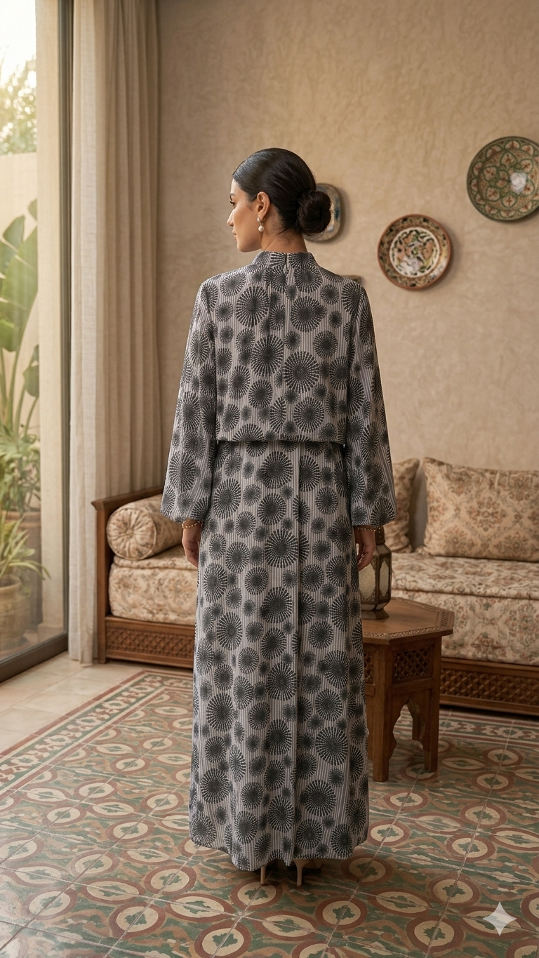 Monochrome Geometric Floral Maxi Dress - Modest Pinstripe Edition