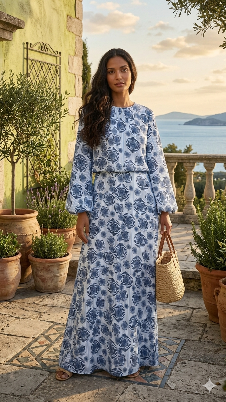 Monochrome Geometric Floral Maxi Dress - Modest Pinstripe Edition