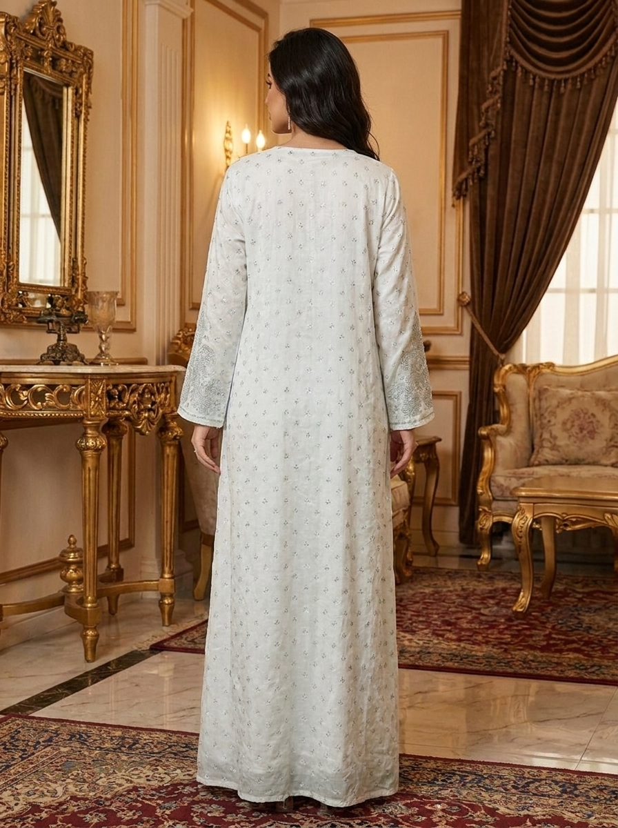 جلابية فاخرة بتطريز "تشيكانكاري" وقصة صدر مزينة بالخرز | فستان ماكسي محتشم بأكمام طويلة للأعياد والمناسبات