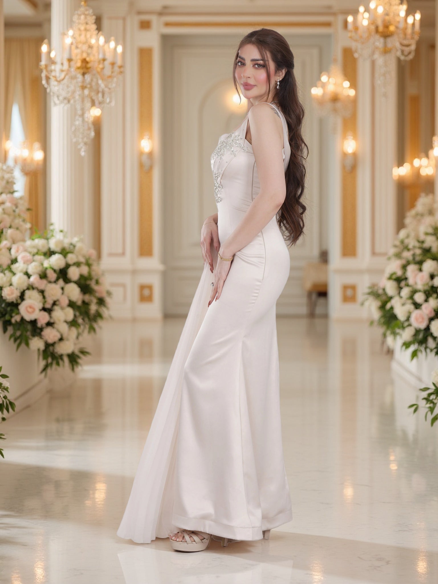 Ivory One-Shoulder Evening Gown with Crystal Embellishments & Pleated Skirt – Luxury Bridal Wear