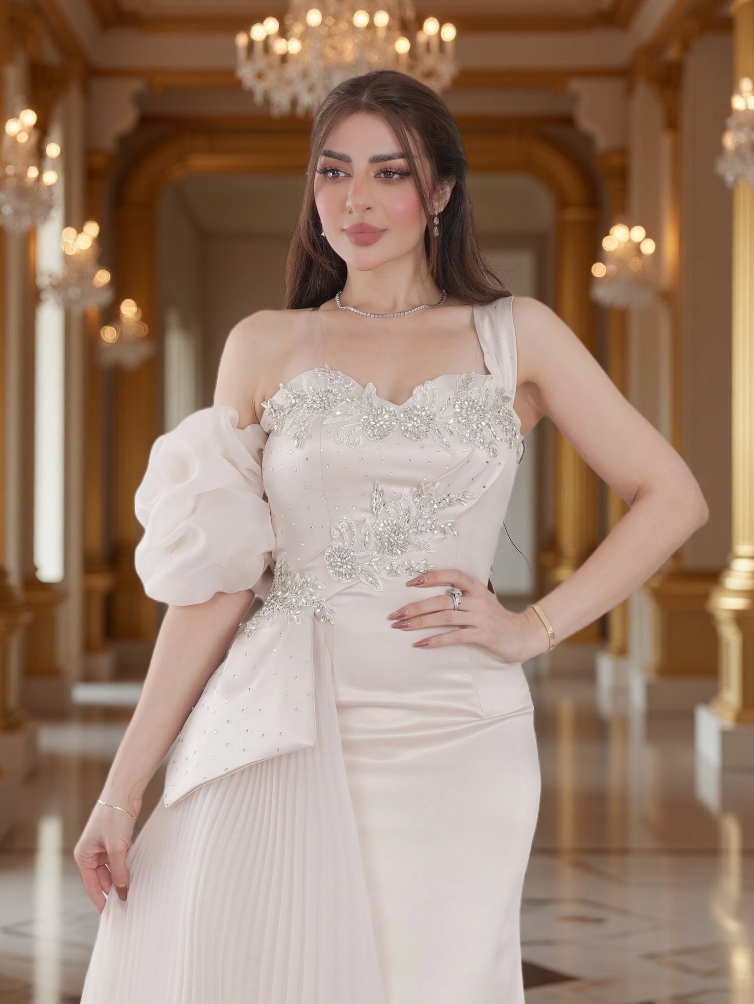 Ivory One-Shoulder Evening Gown with Crystal Embellishments & Pleated Skirt – Luxury Bridal Wear