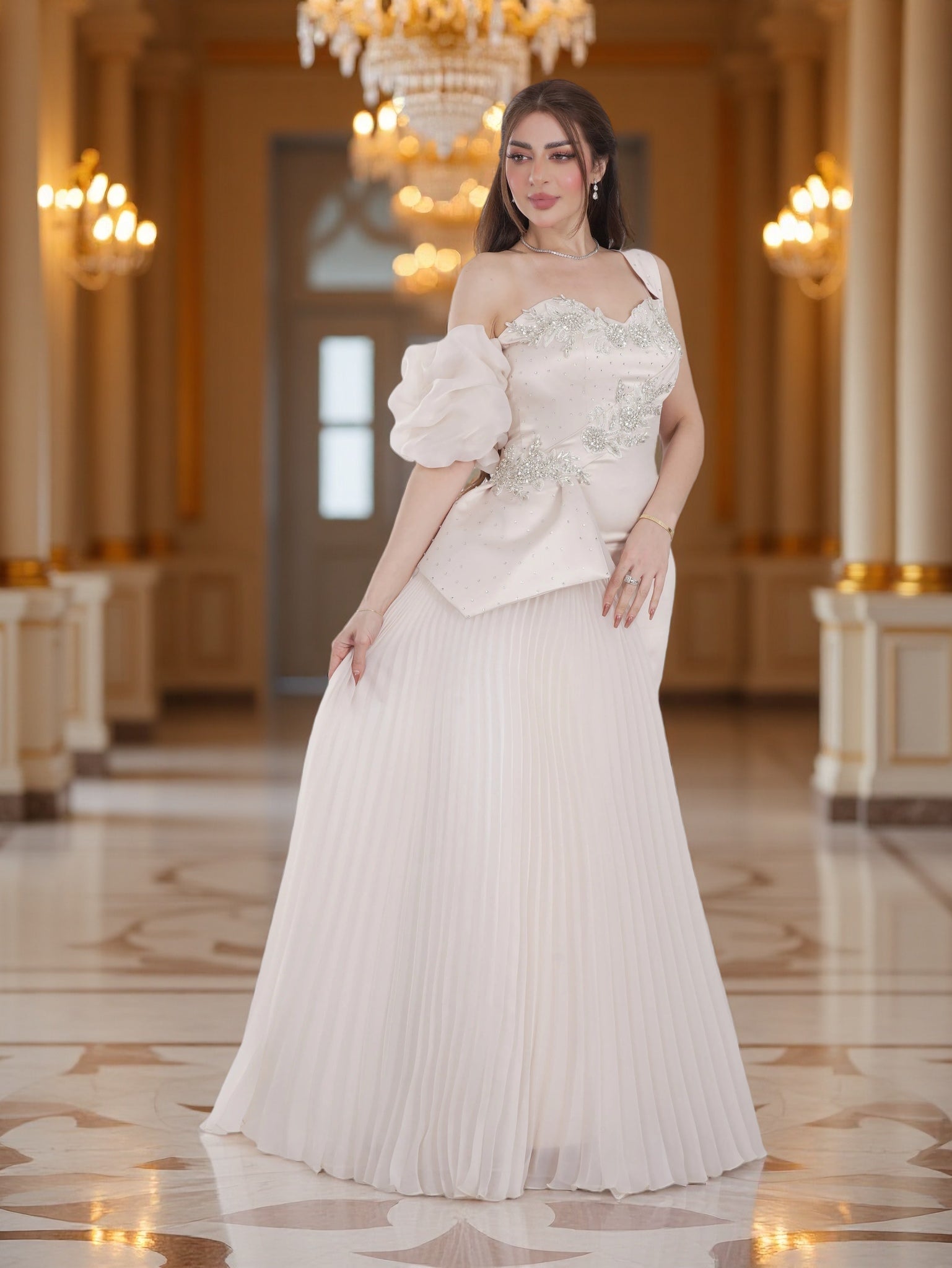 Ivory One-Shoulder Evening Gown with Crystal Embellishments & Pleated Skirt – Luxury Bridal Wear
