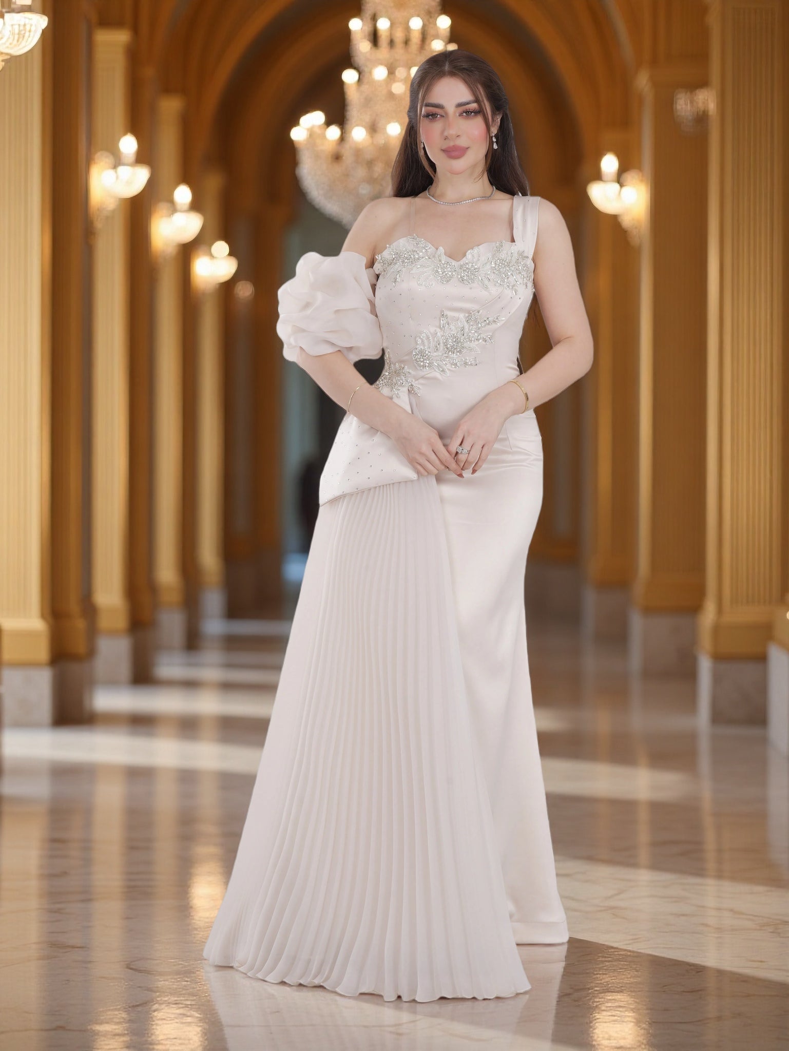 Ivory One-Shoulder Evening Gown with Crystal Embellishments & Pleated Skirt – Luxury Bridal Wear