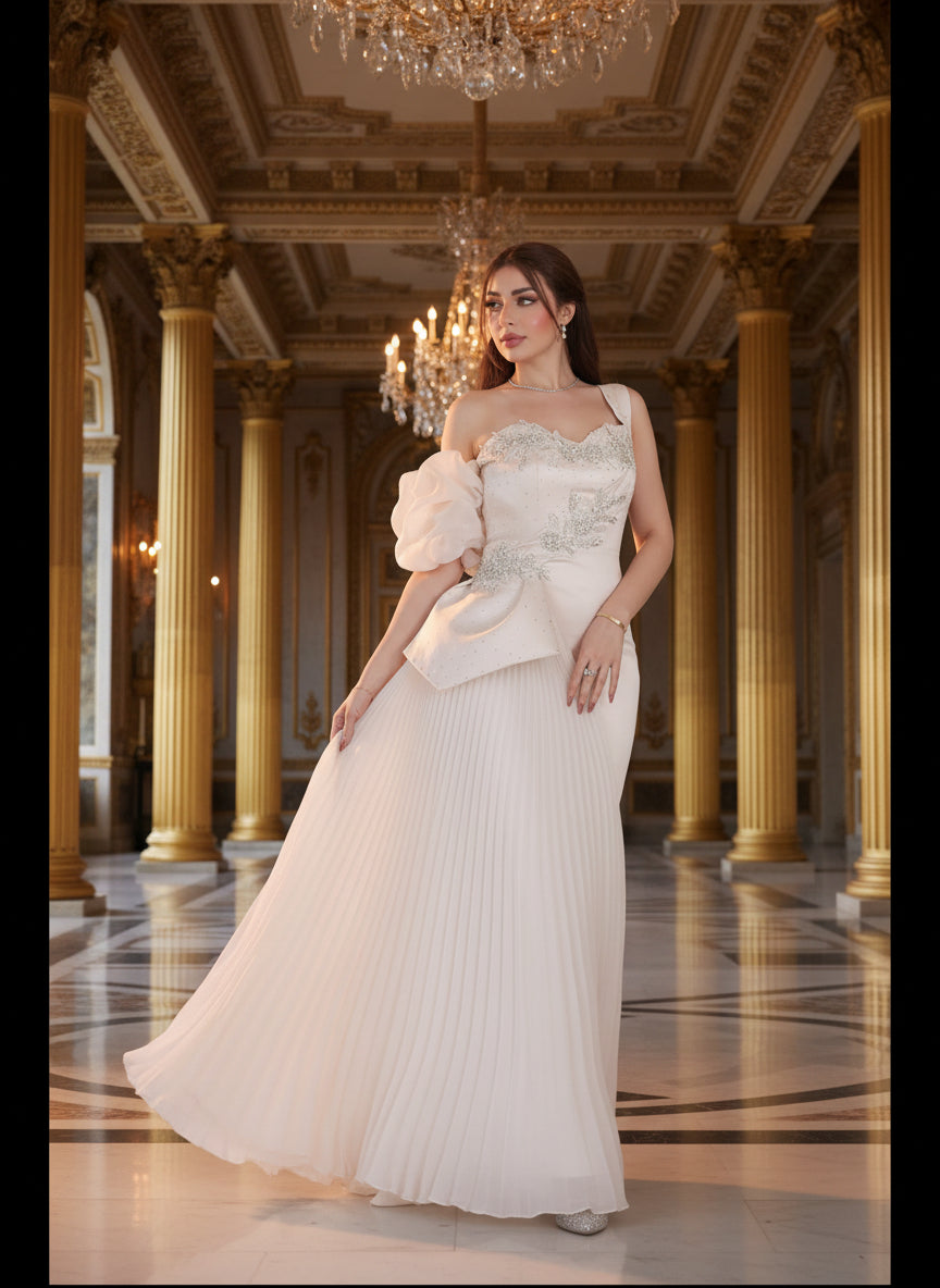 Ivory One-Shoulder Evening Gown with Crystal Embellishments & Pleated Skirt – Luxury Bridal Wear
