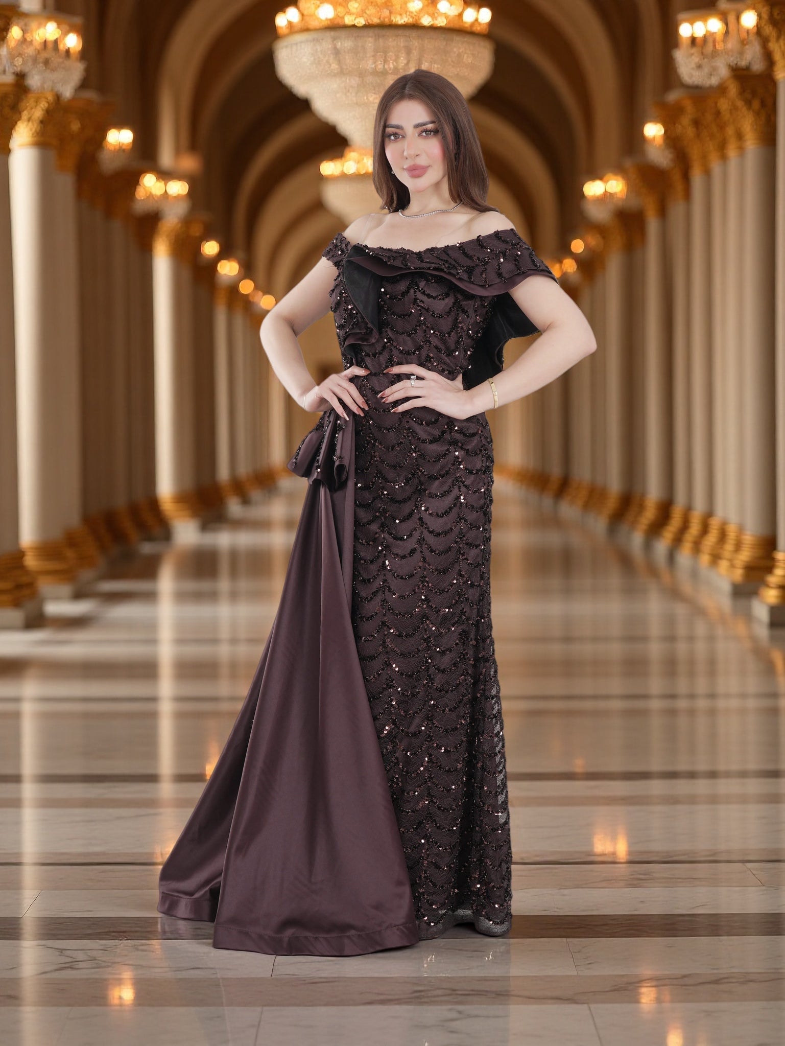Luxury Off-Shoulder Sequin Evening Gown with Draped Satin Skirt – Eleg – FineLook