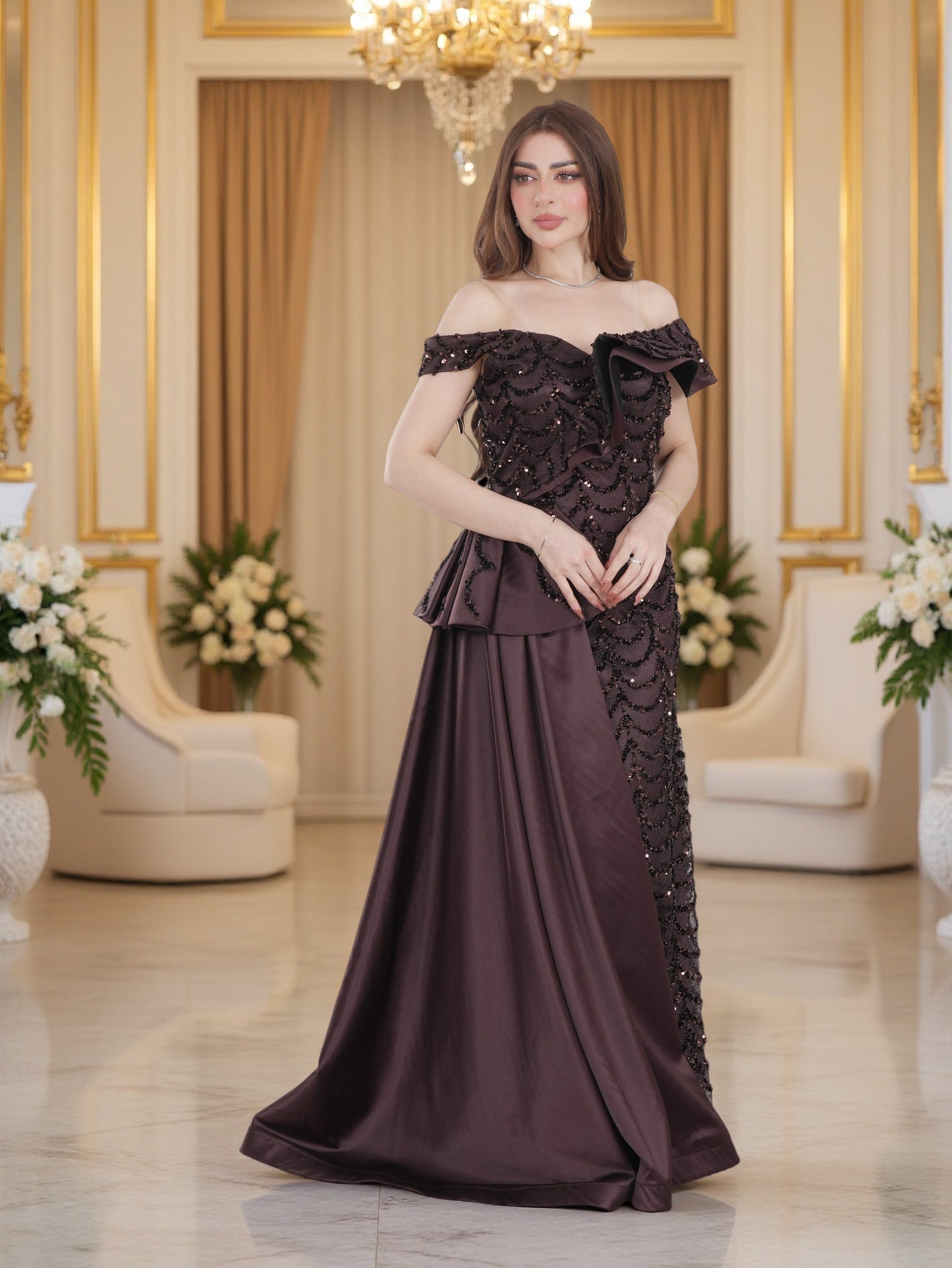 Luxury Off-Shoulder Sequin Evening Gown with Draped Satin Skirt – Eleg – FineLook
