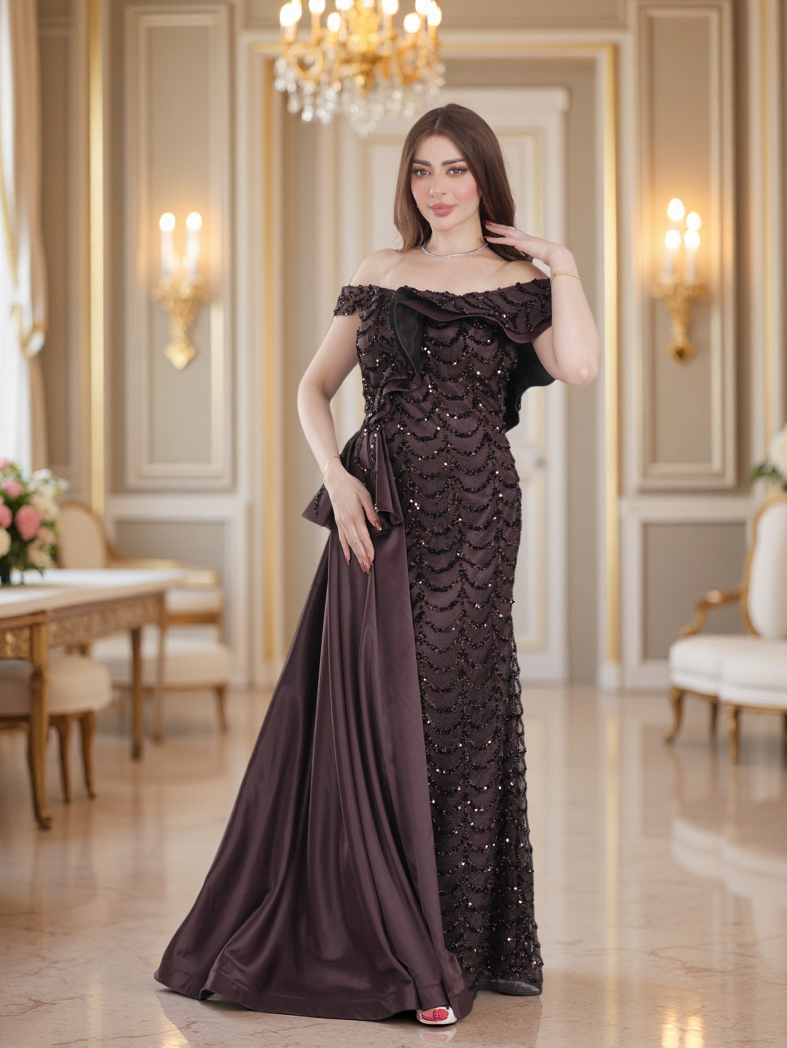 Luxury Off-Shoulder Sequin Evening Gown with Draped Satin Skirt – Elegant Formal Wear