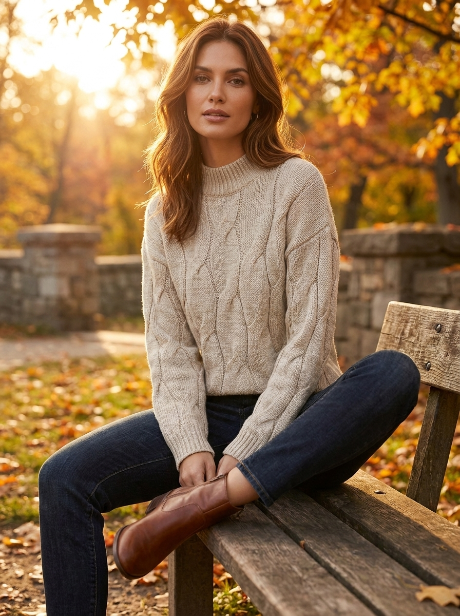 Women's Classic Cable Knit Pullover Sweater | Cozy Crewneck Top