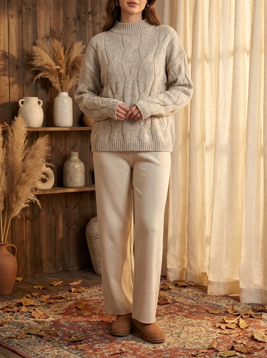Women's Classic Cable Knit Pullover Sweater | Cozy Crewneck Top