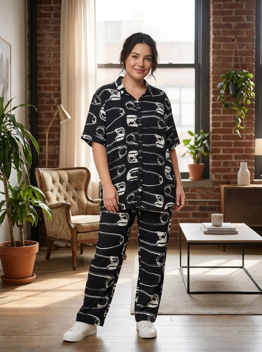 Woman wearing a black and white patterned pajama set in a living room.
