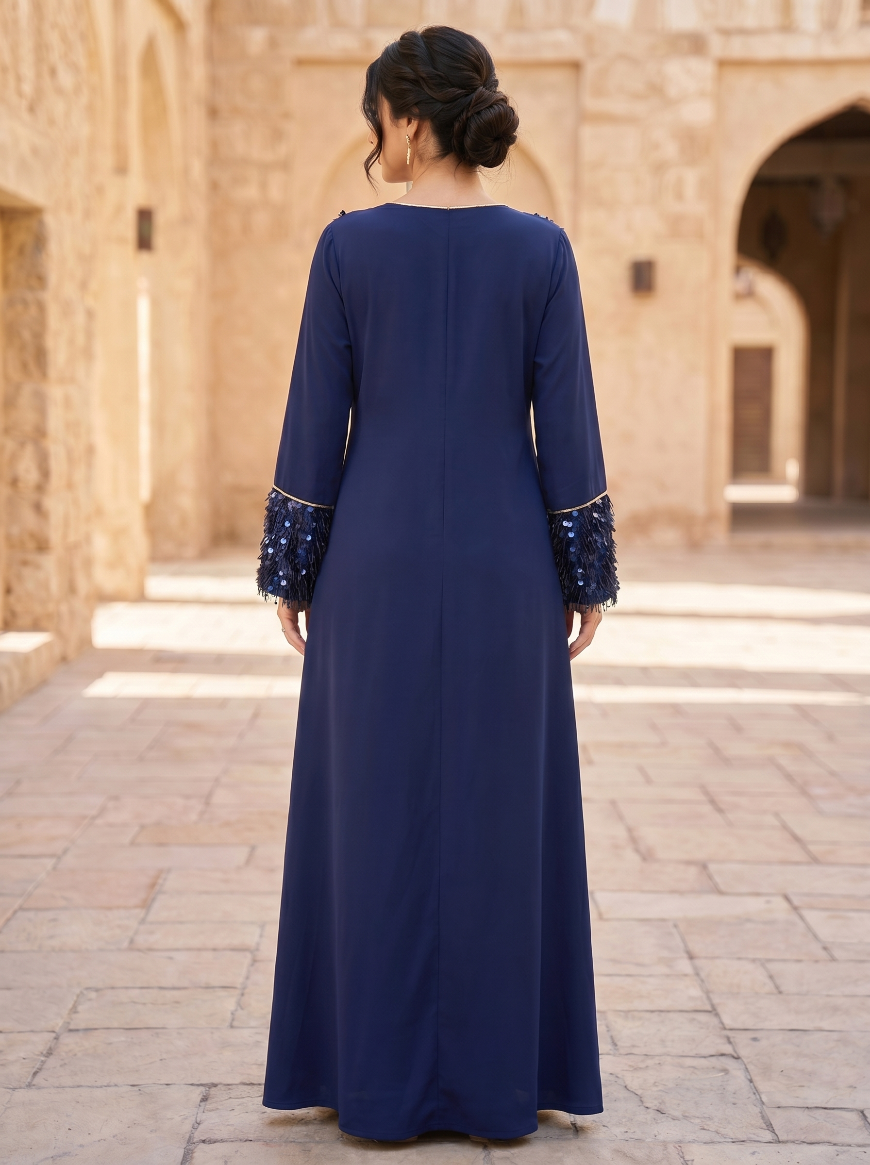Paillette Fringe Sequin Jalabiya | Tasseled Chest & Cuff Embellished Maxi Dress