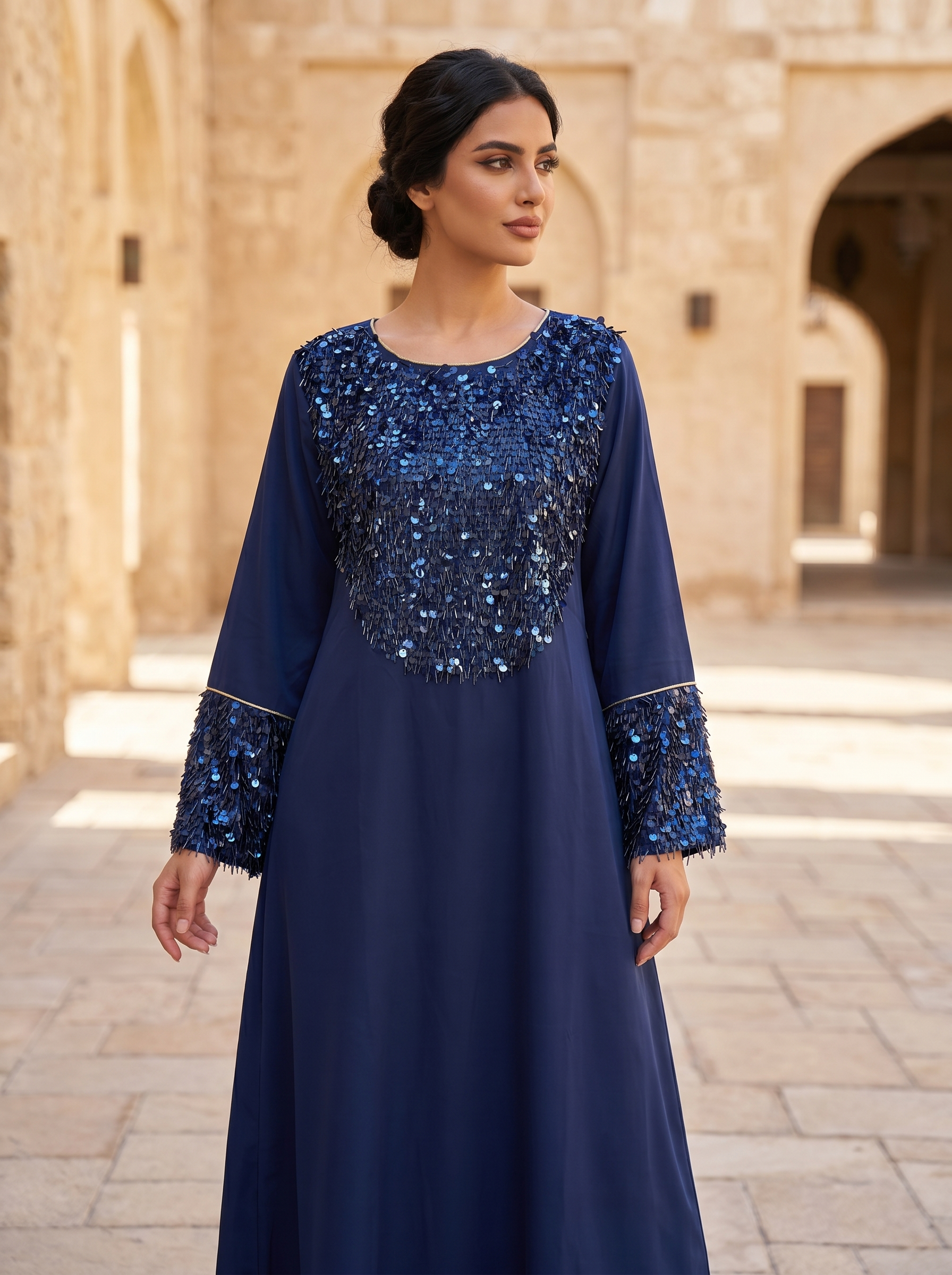 Paillette Fringe Sequin Jalabiya | Tasseled Chest & Cuff Embellished Maxi Dress