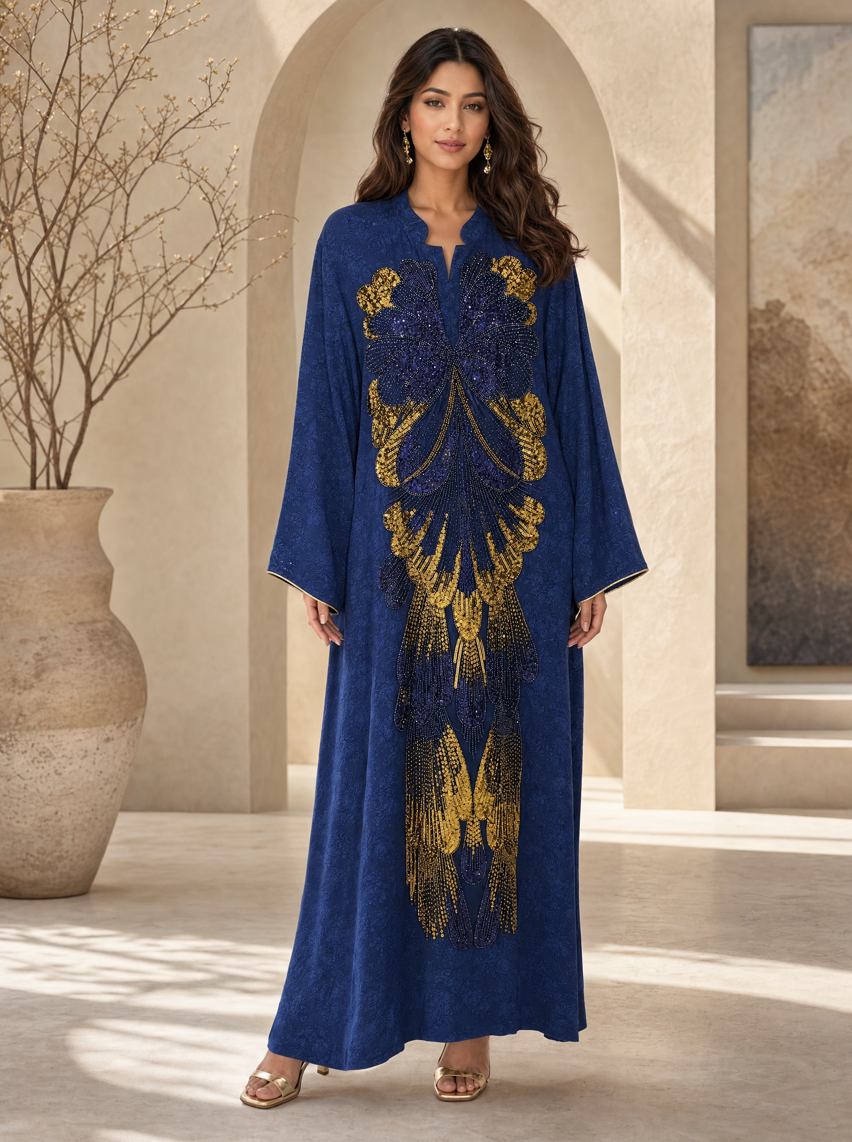 Woman wearing a blue dress with gold embroidery in an elegant indoor setting.