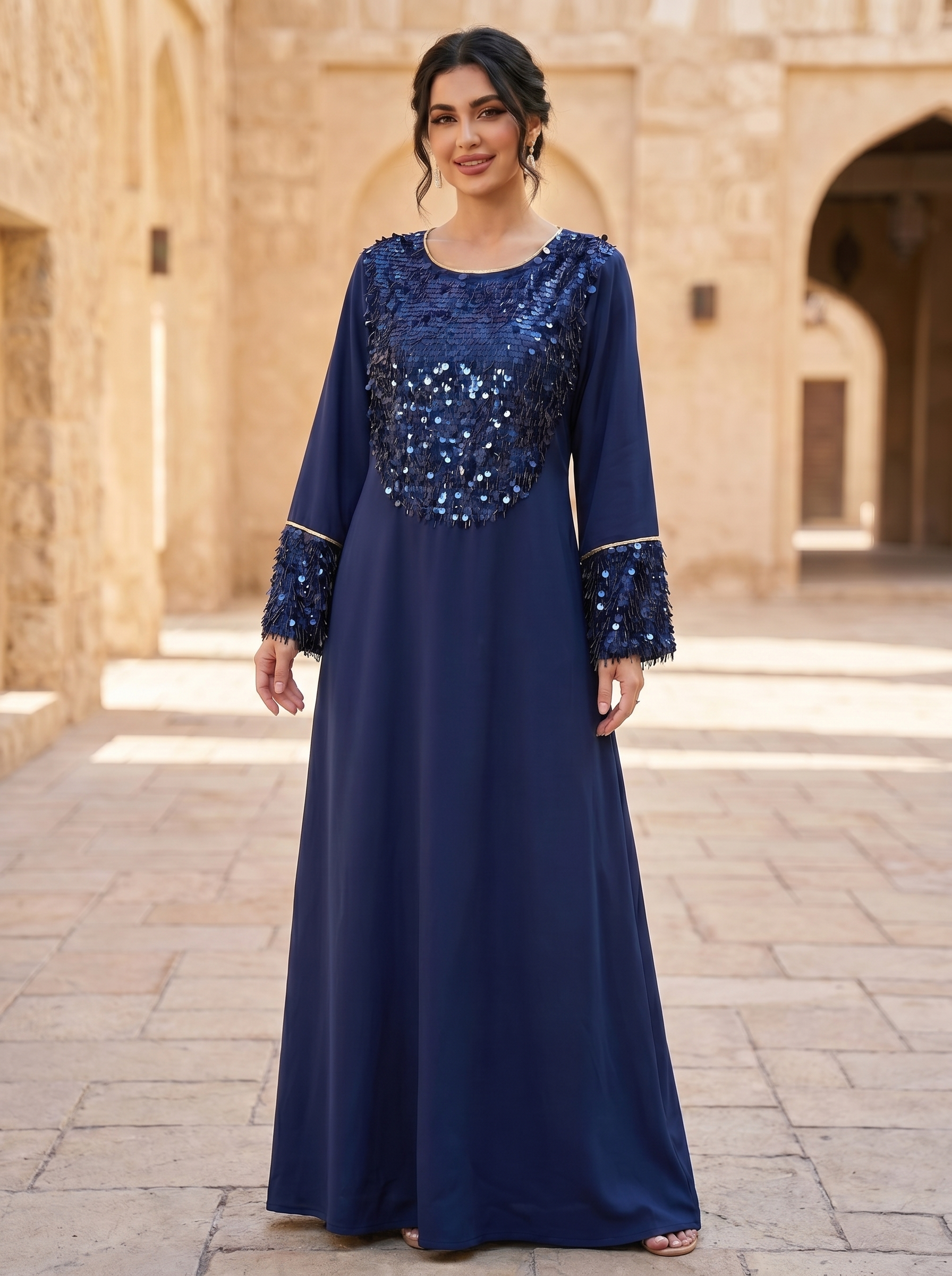 Paillette Fringe Sequin Jalabiya | Tasseled Chest & Cuff Embellished Maxi Dress