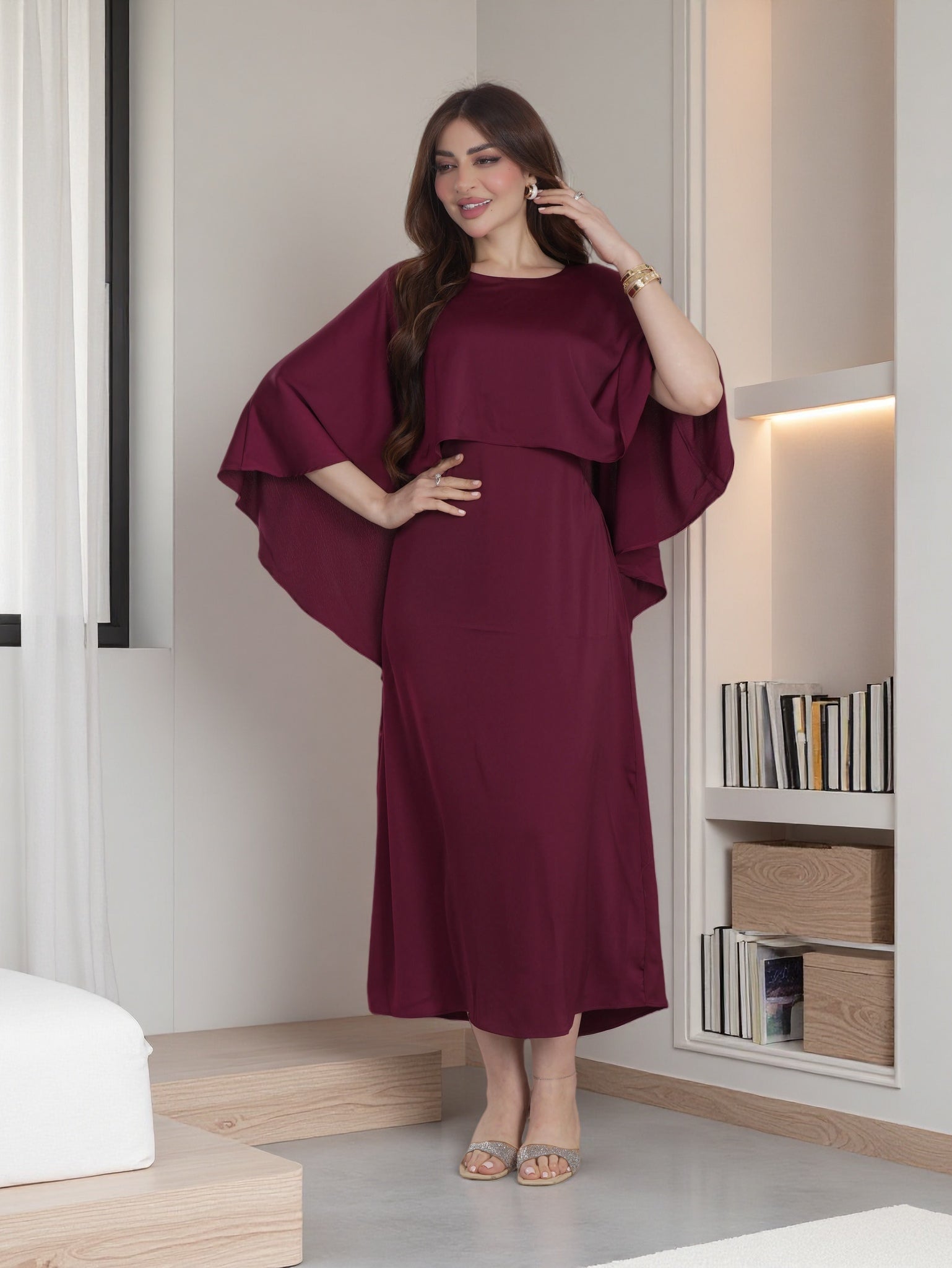 Finelook Luxury Cape Sleeve Midi Dress – Elegant Modest Saudi Evening Dress