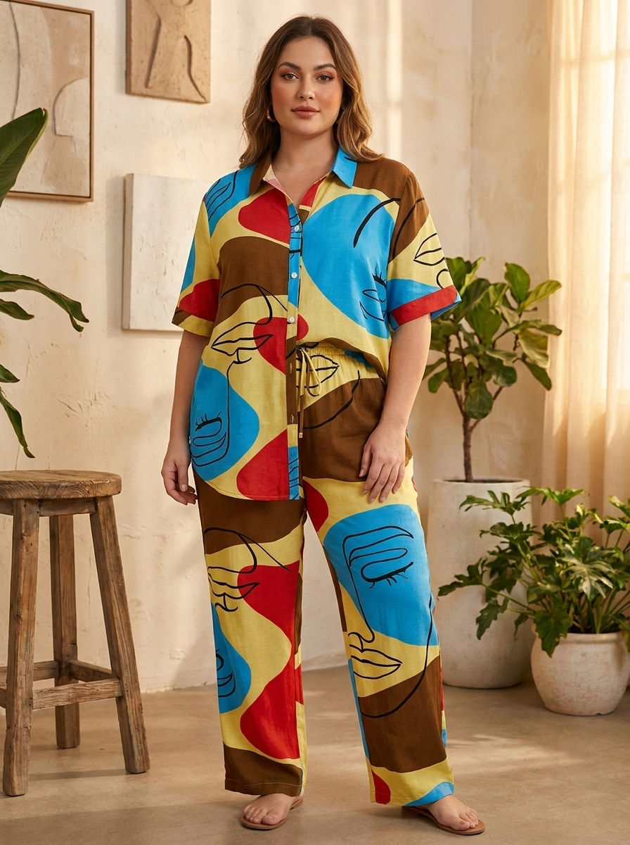 Woman wearing a colorful pajama set in a home setting with plants and a wooden stool.