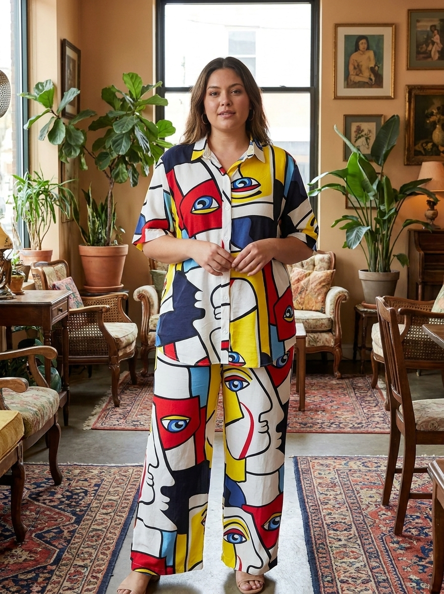 Woman wearing a colorful outfit with abstract patterns in a room with plants and furniture.