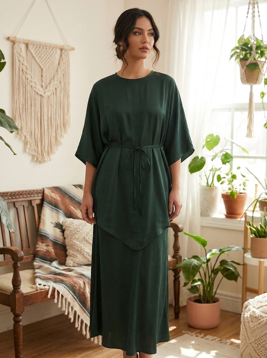 Elegant Satin Two-Piece Tunic & Skirt Set – Matching Asymmetrical Shirt and Midi Skirt