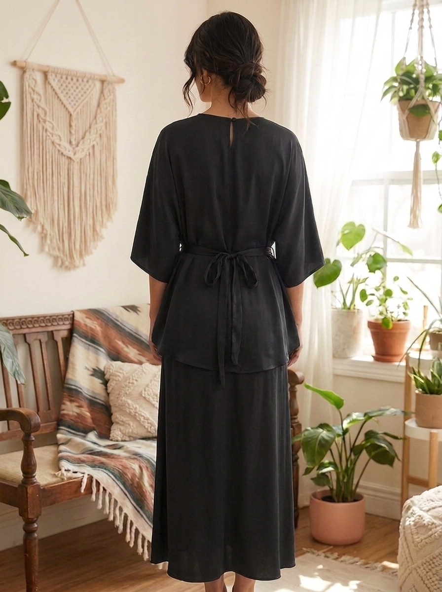 Woman wearing a black dress standing in a room with plants and decor.