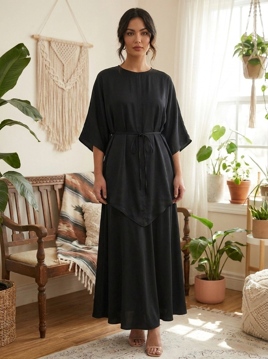 Elegant Satin Two-Piece Tunic & Skirt Set – Matching Asymmetrical Shirt and Midi Skirt