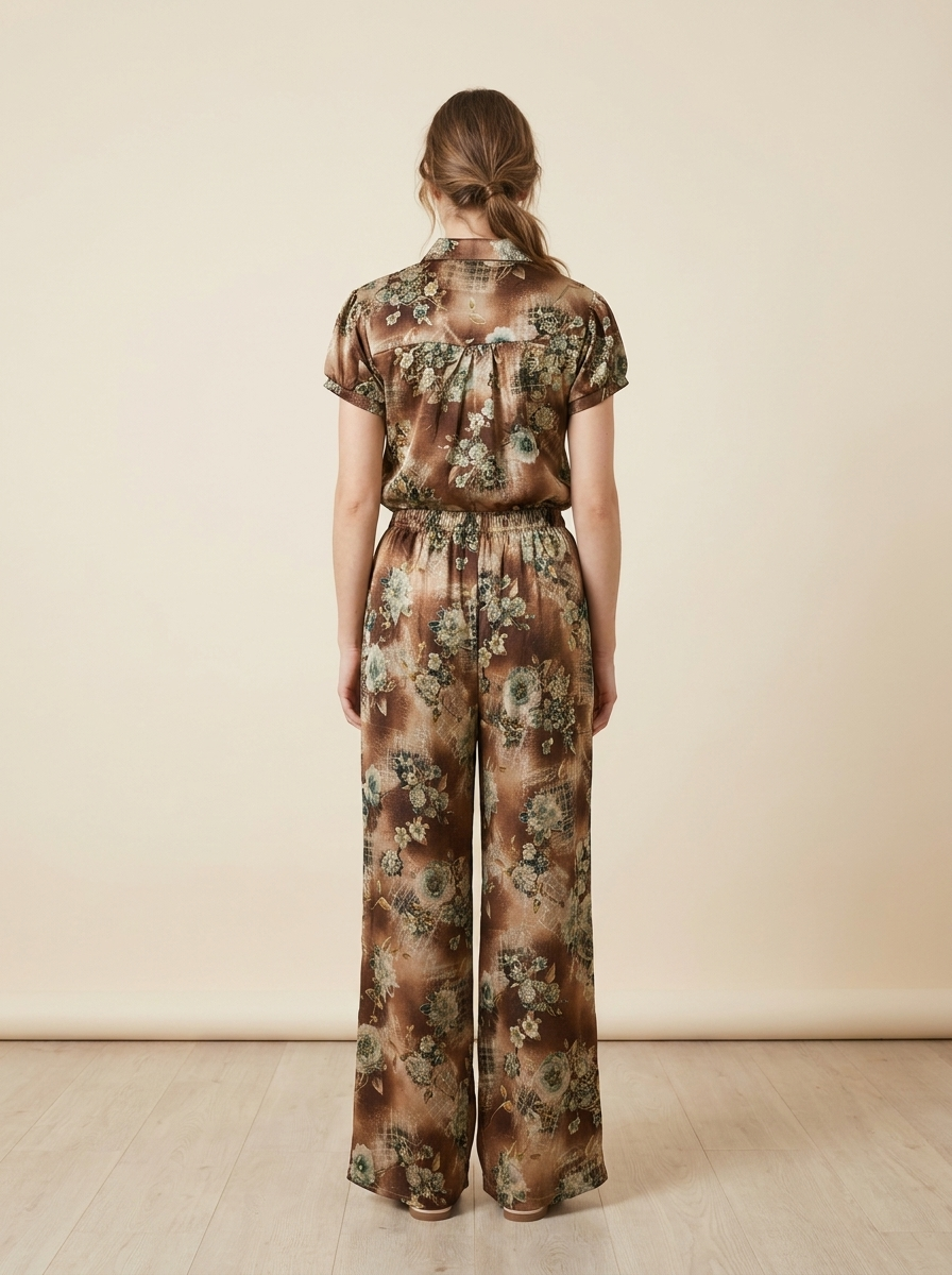 Woman wearing a floral jumpsuit against a plain background