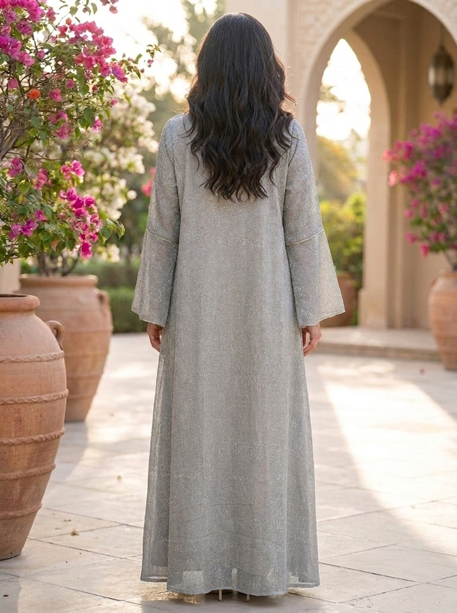 Woman in a long gray dress standing in a garden with pink flowers and stone arches.