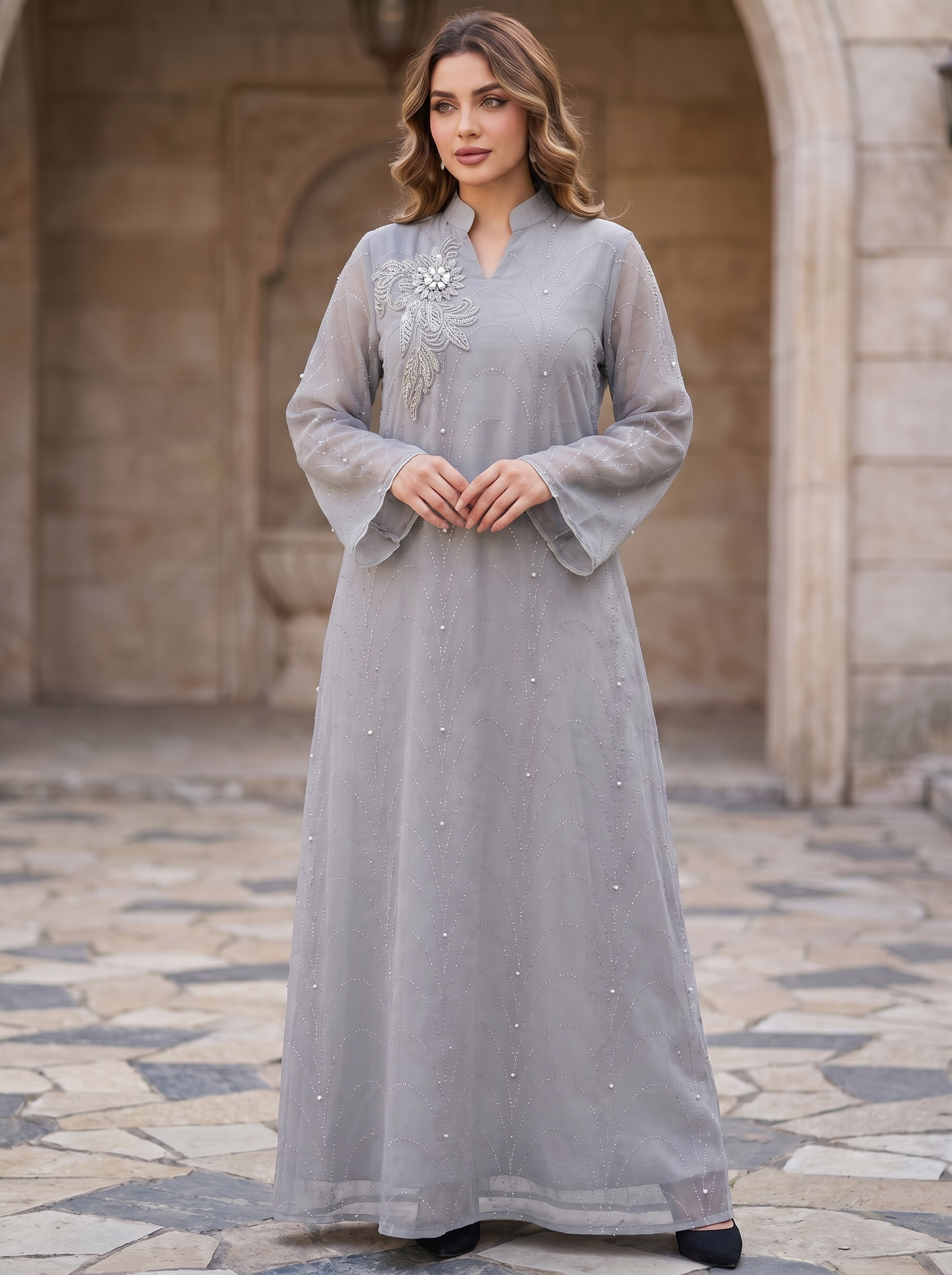 Women's Embellished Mesh Maxi Dress – Rhinestone Detail Evening Kaftan with Floral Appliqué