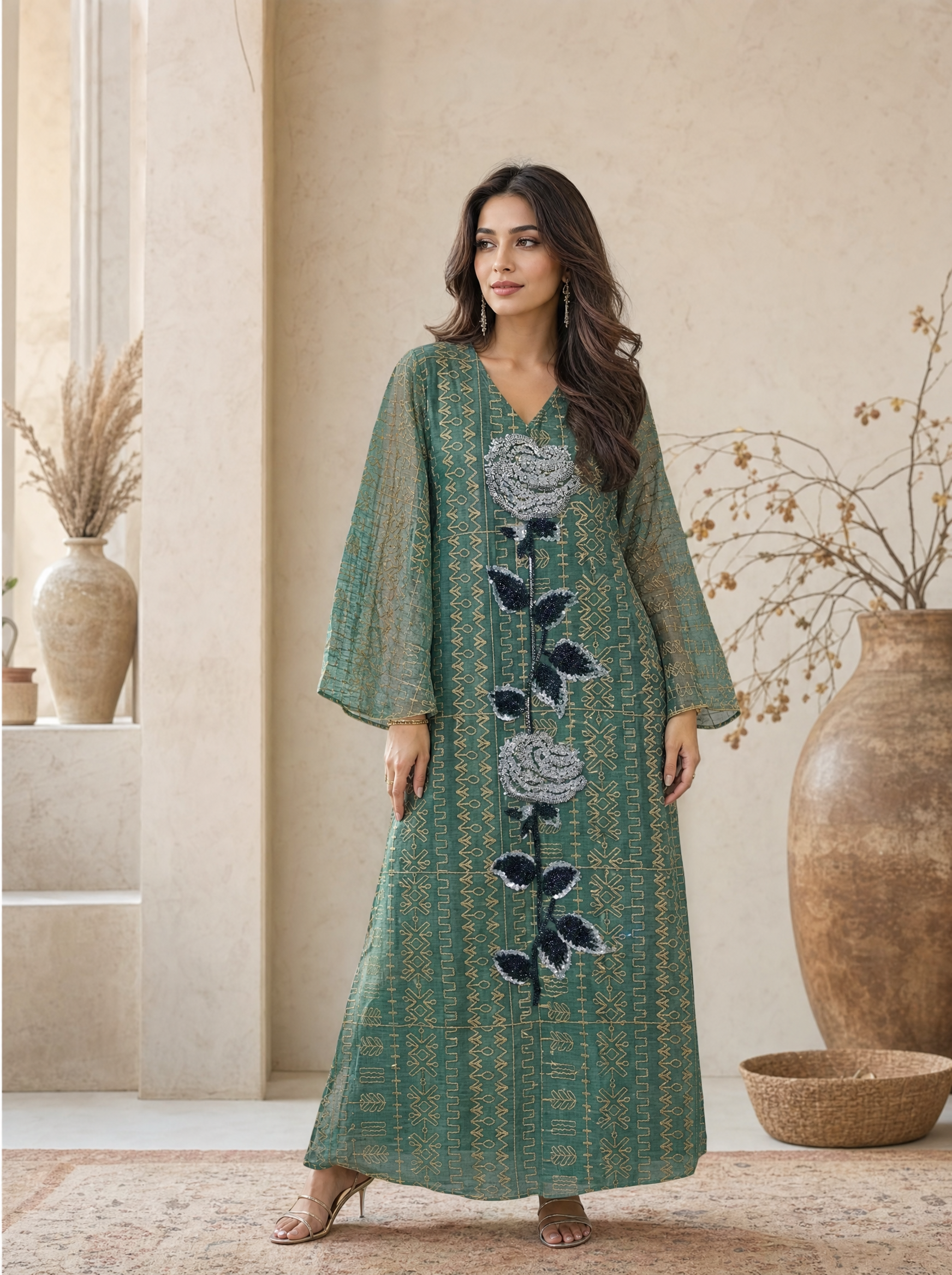 Woman wearing a green embroidered dress standing in a decorative room with vases and plants.