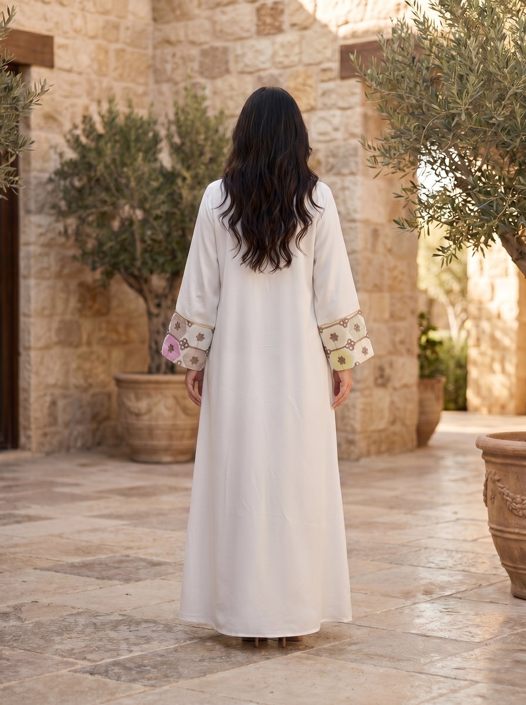 Multicolor Jacquard Bib Panel Jalabiya | Floral Embroidered Neckline & Cuff Maxi Dress