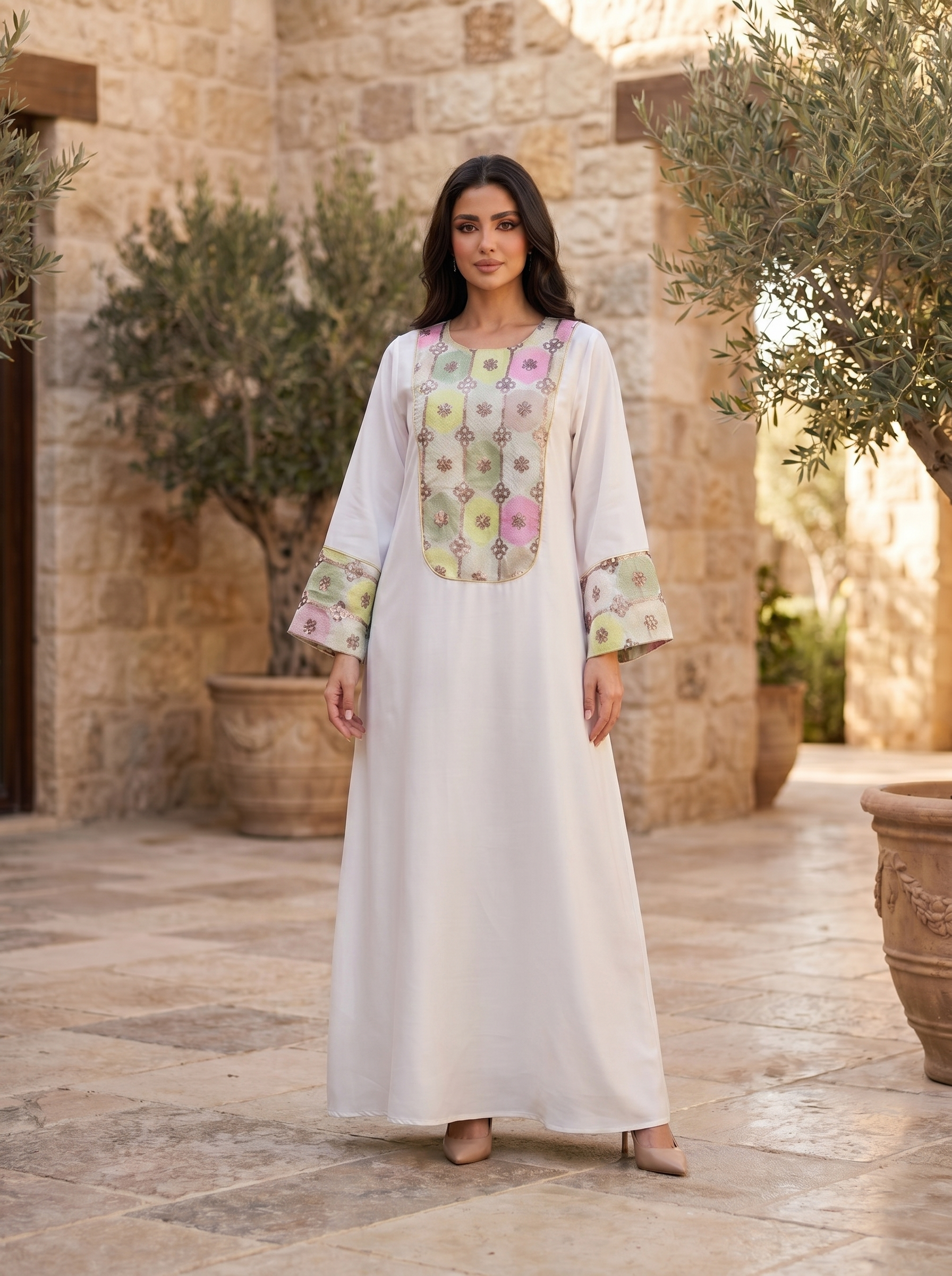 Multicolor Jacquard Bib Panel Jalabiya | Floral Embroidered Neckline & Cuff Maxi Dress