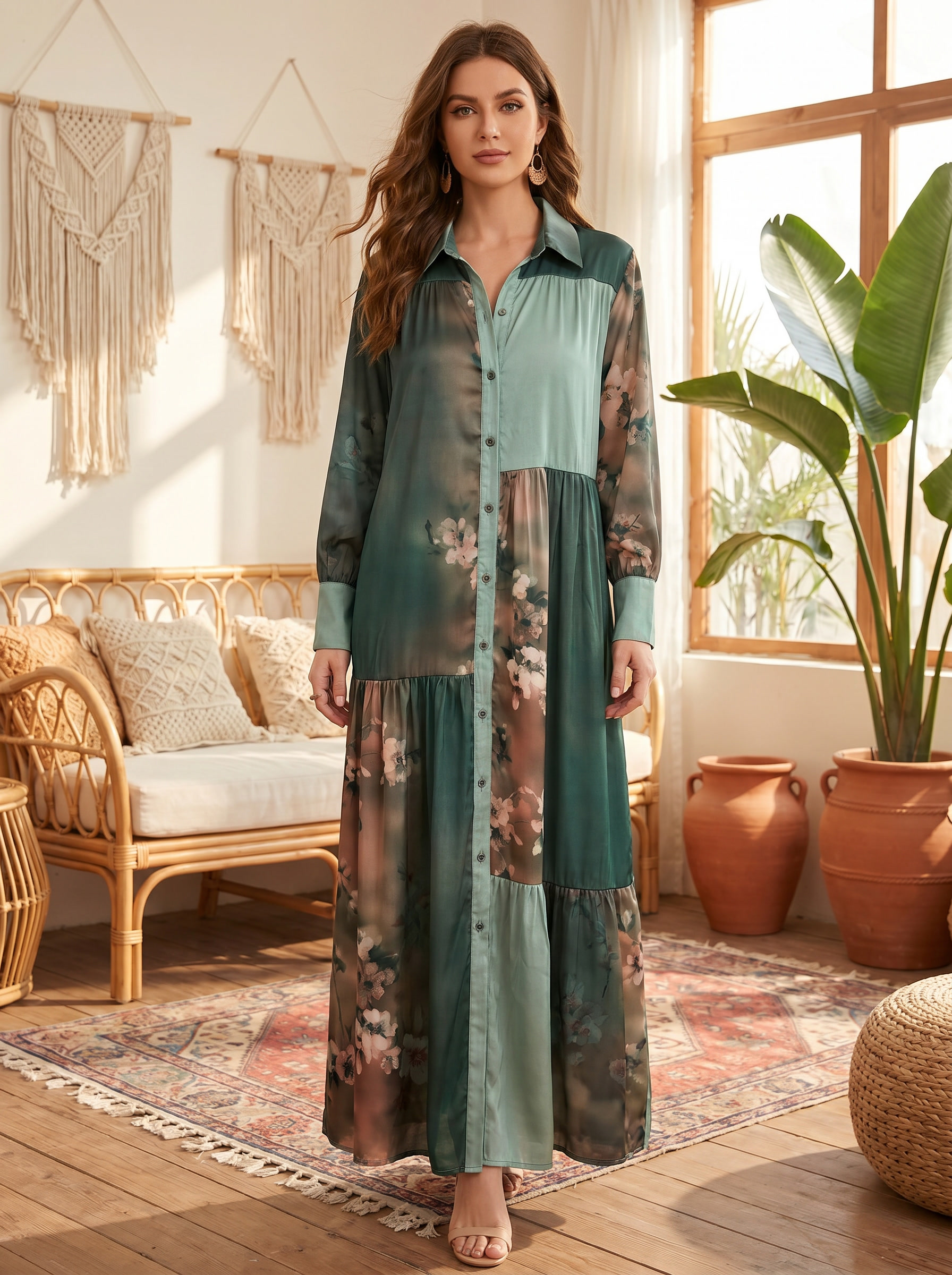 Boho-Chic Embroidered Maxi Jalabiya – Floral Modest Long Dress
