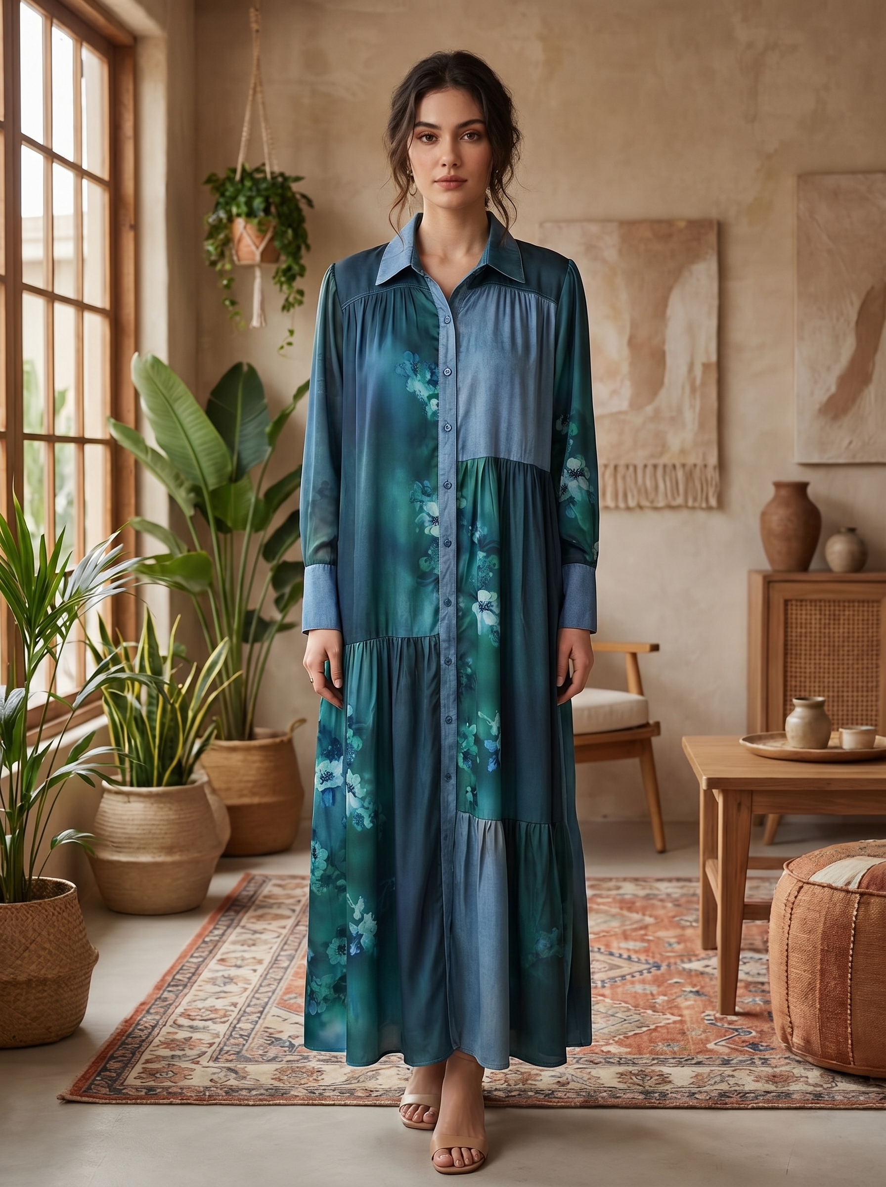 Boho-Chic Embroidered Maxi Jalabiya – Floral Modest Long Dress