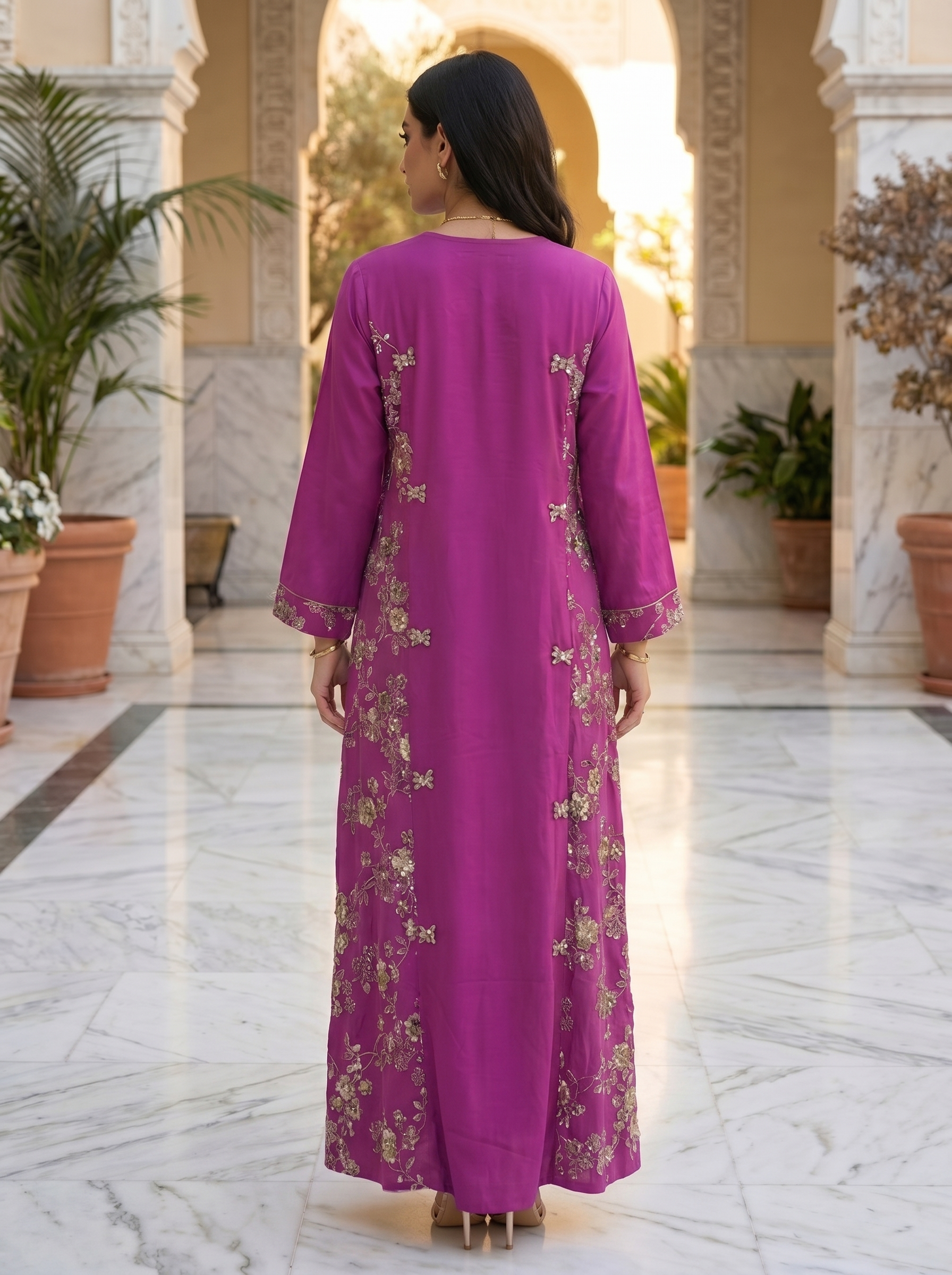 Floral Sequin Embroidered Jalabiya | Luxury Kaftan Maxi Dress