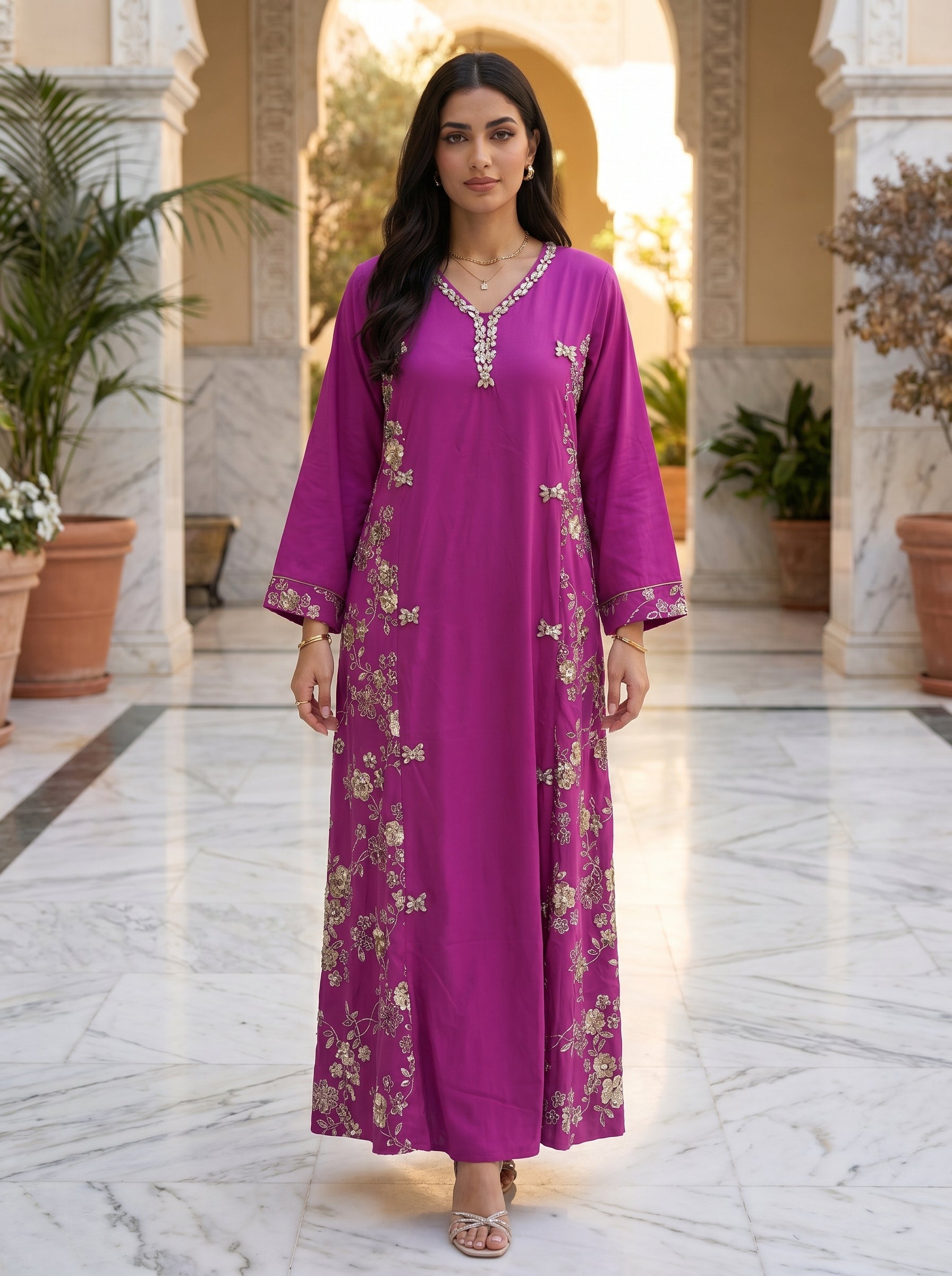 Floral Sequin Embroidered Jalabiya | Luxury Kaftan Maxi Dress