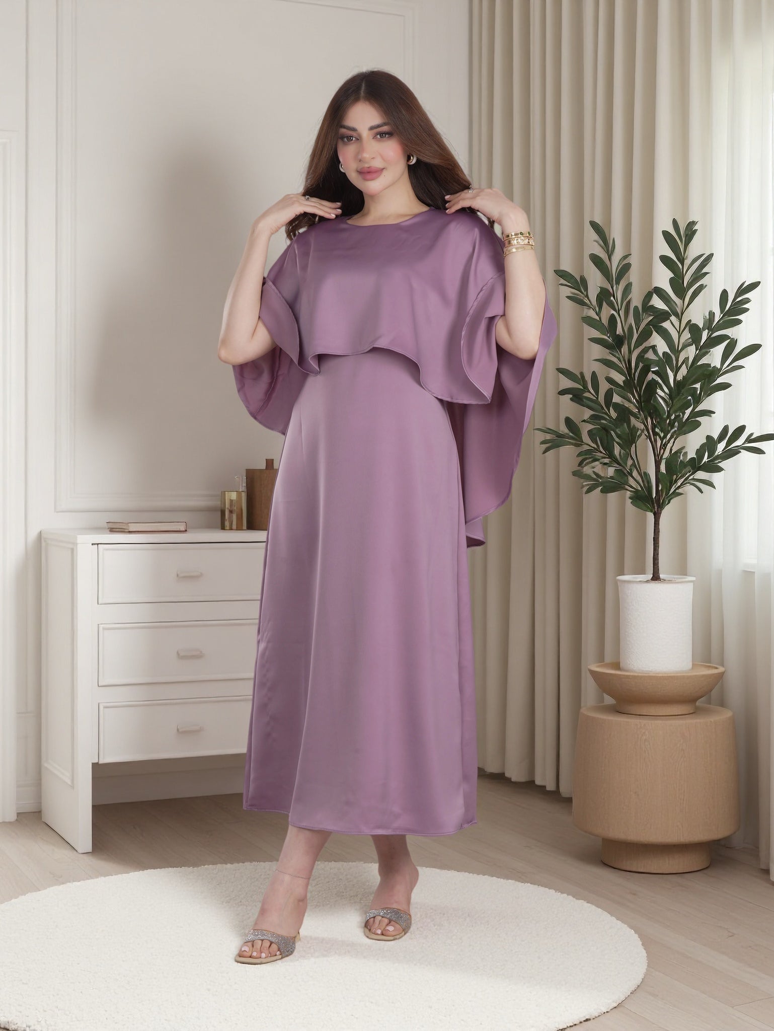 Finelook Luxury Cape Sleeve Midi Dress – Elegant Modest Saudi Evening Dress
