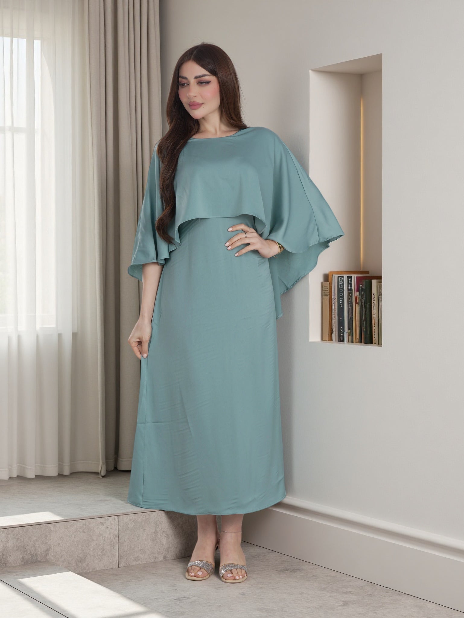 Finelook Luxury Cape Sleeve Midi Dress – Elegant Modest Saudi Evening Dress