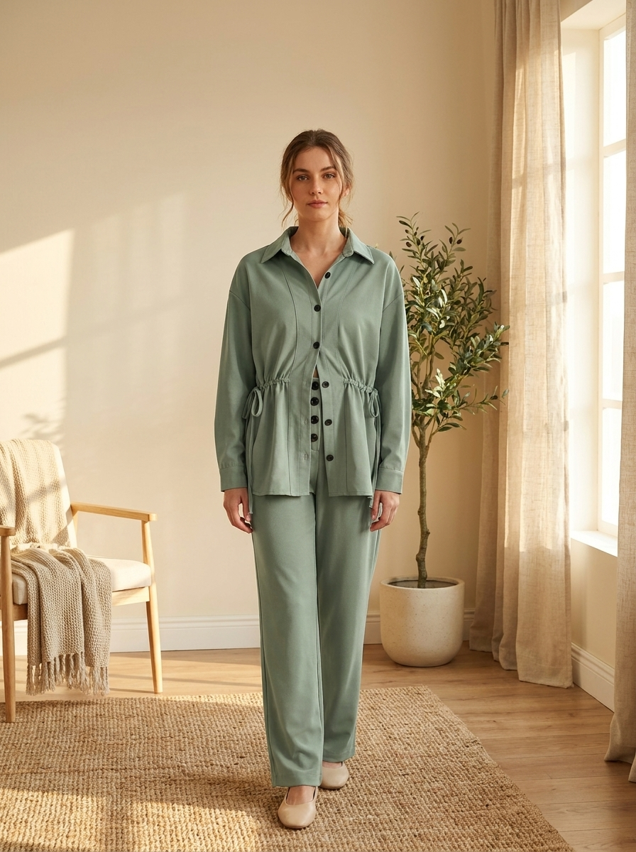 Women's 2-Piece Adjustable Drawstring Button-Down Shirt & Wide-Leg Pants Co-ord Set